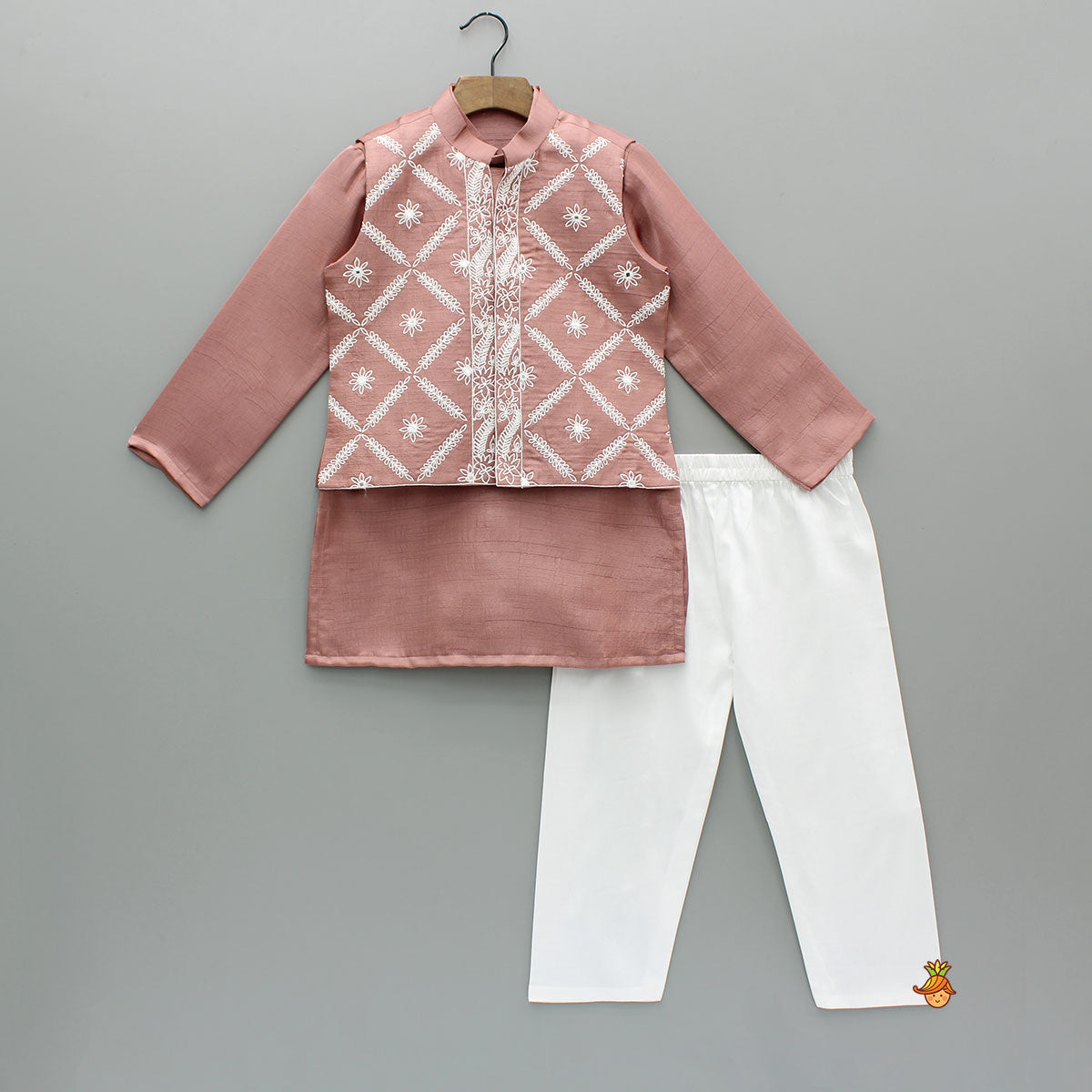 Pre Order: Pink Kurta With Faux Mirror Embroidered Jacket And Pyjama