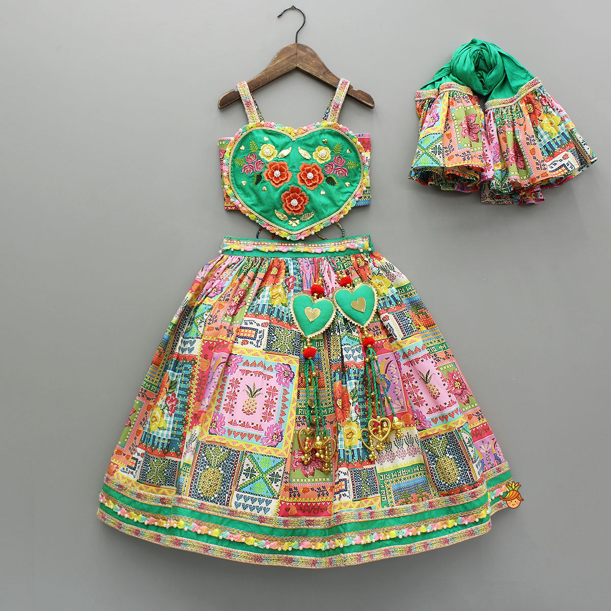 Pre Order: Embroidered Heart Shaped Top And Multicolour Lehenga With Dupatta
