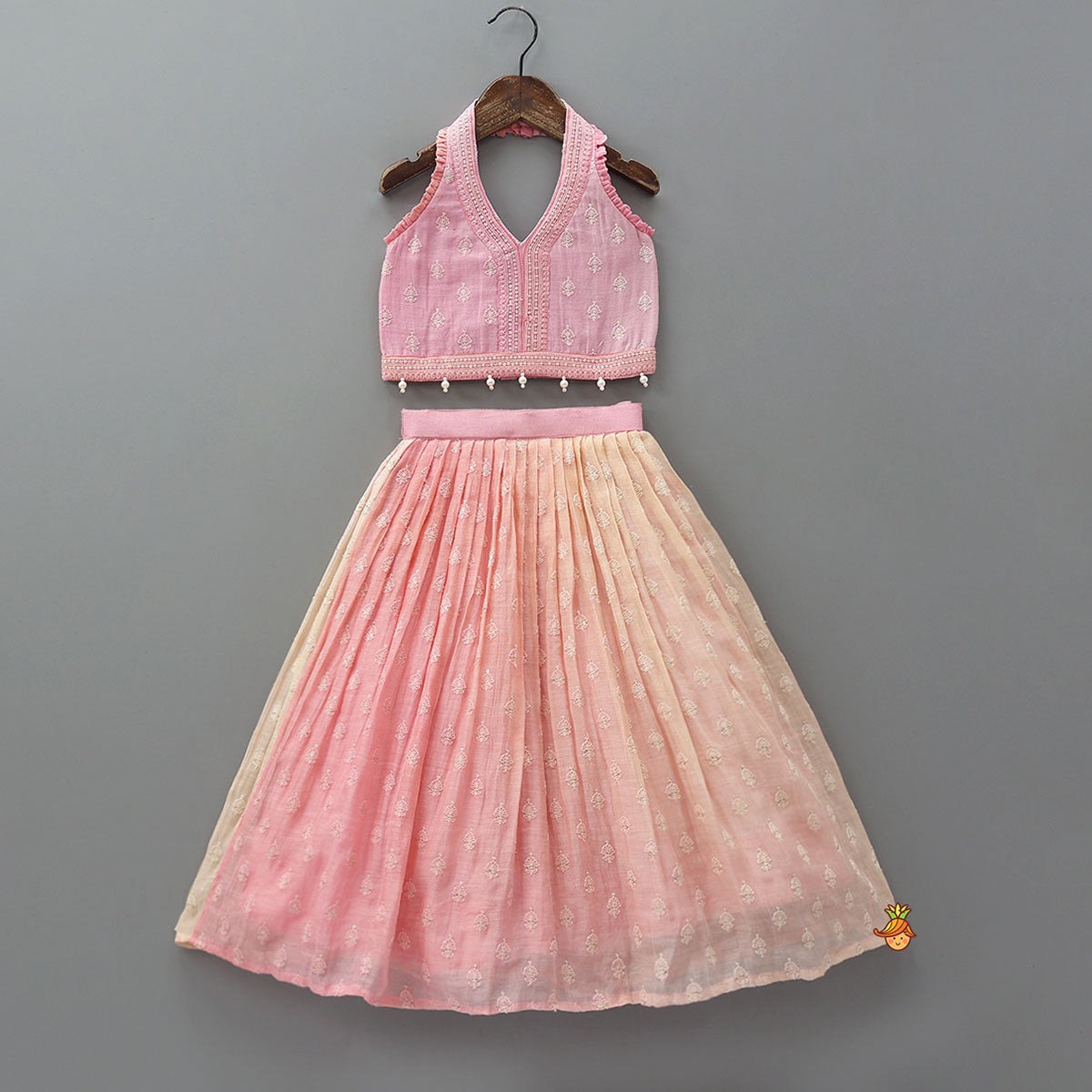 Pre Order: Pink Halter Neck Top With Ombre Lehenga