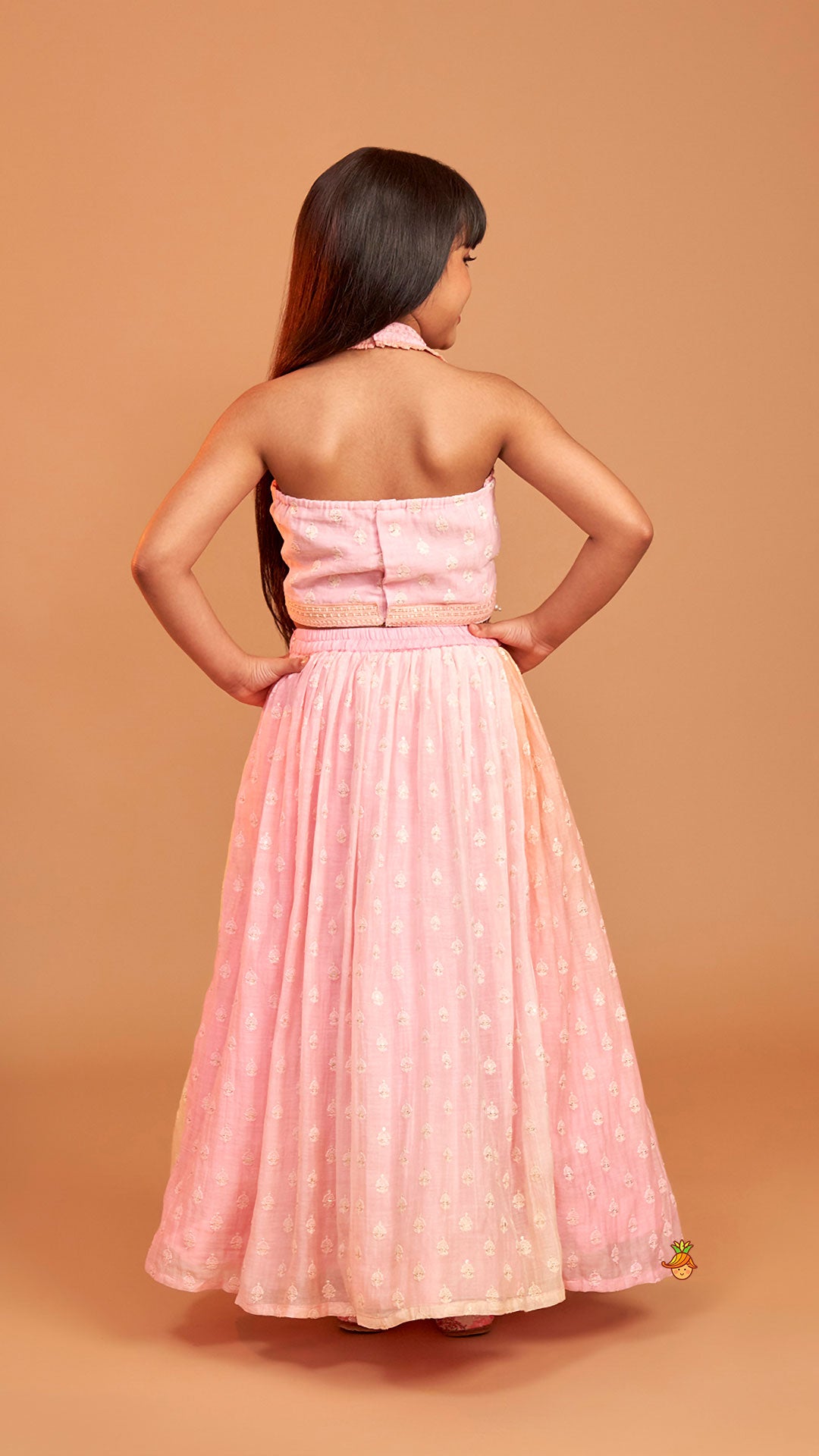 Pre Order: Pink Halter Neck Top With Ombre Lehenga