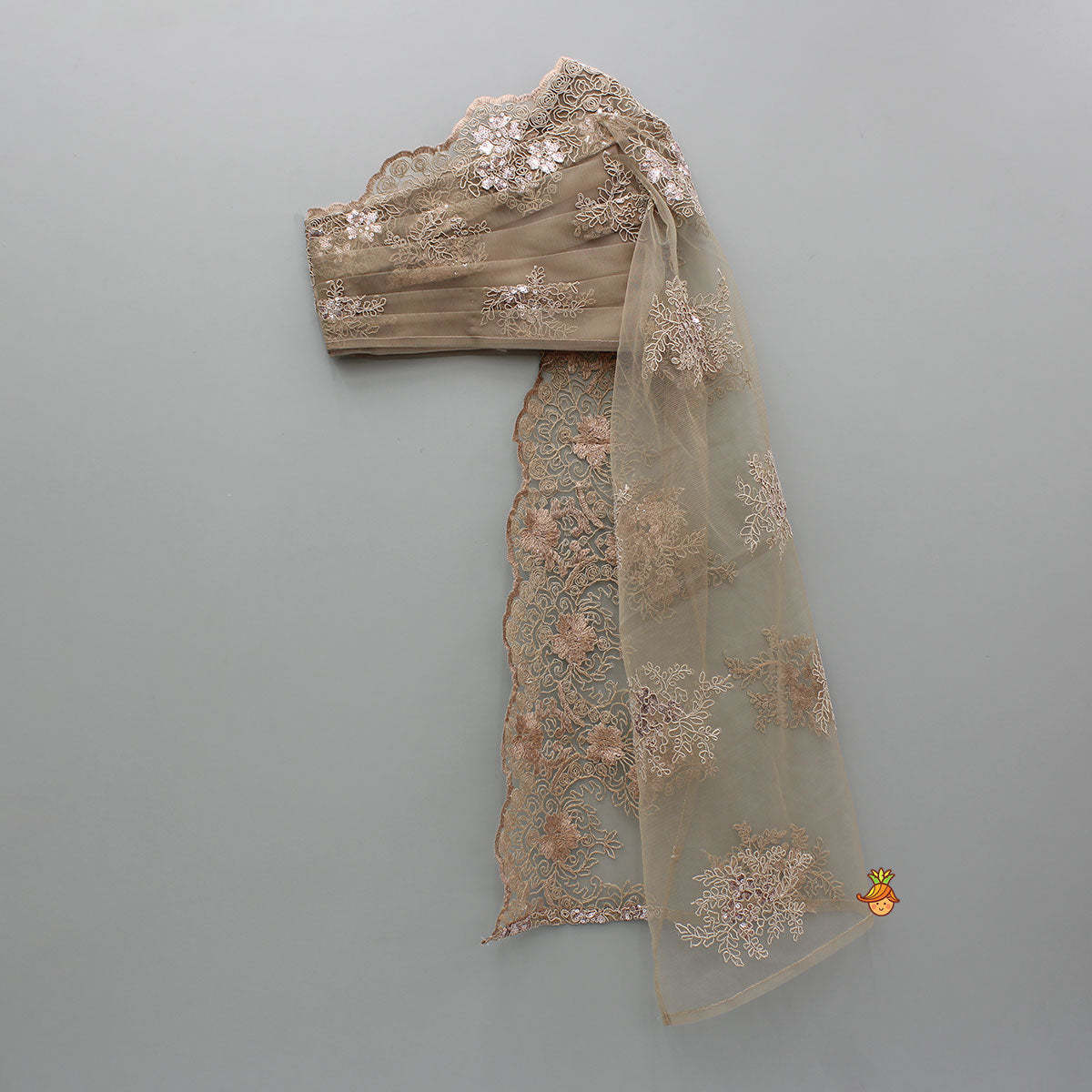 Pre Order: Exquisite Brown Embroidered One Shoulder Drape Top And Layered Lehenga
