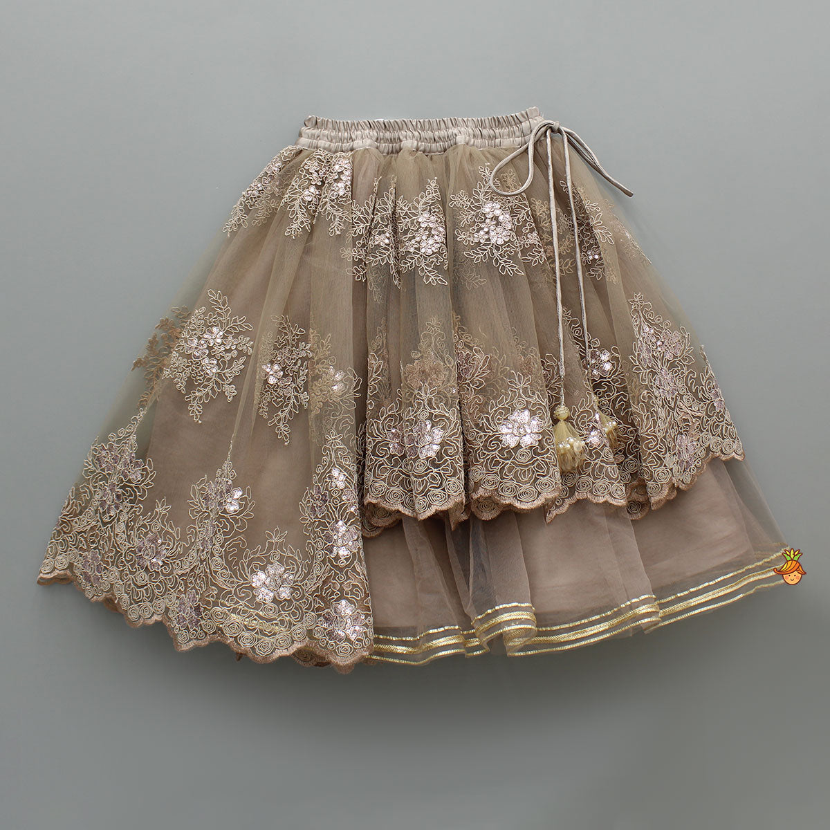 Pre Order: Exquisite Brown Embroidered One Shoulder Drape Top And Layered Lehenga