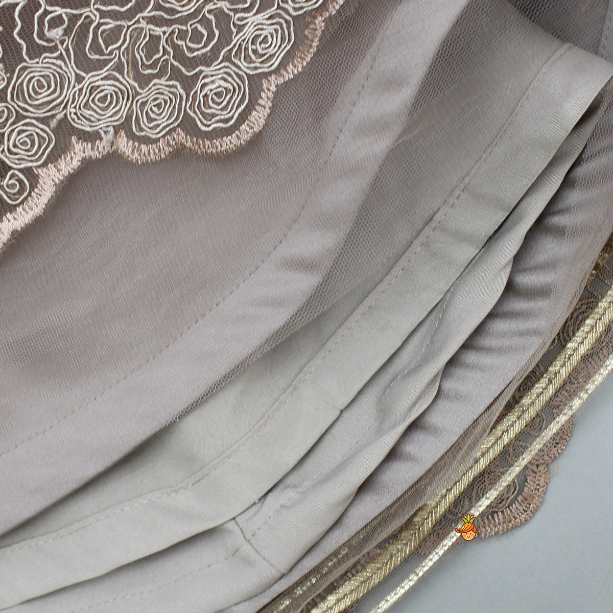 Pre Order: Exquisite Brown Embroidered One Shoulder Drape Top And Layered Lehenga