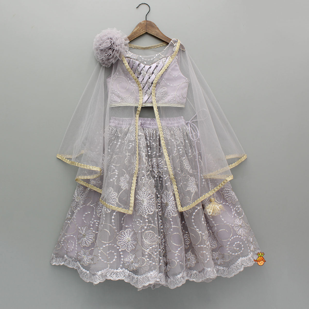 Pre Order: Grey Net Cape Top With Sequined And Thread Embroidered Lehenga