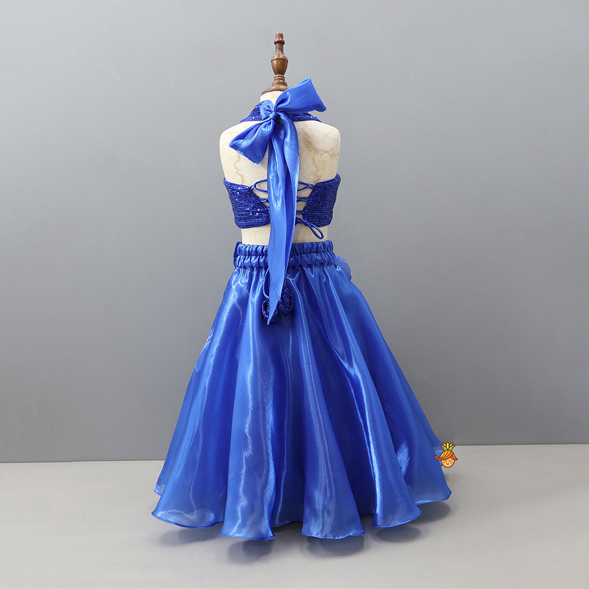 Pre Order: Royal Blue Sequin Embellished Halter Neck Top With Stiff Belt And Lehenga