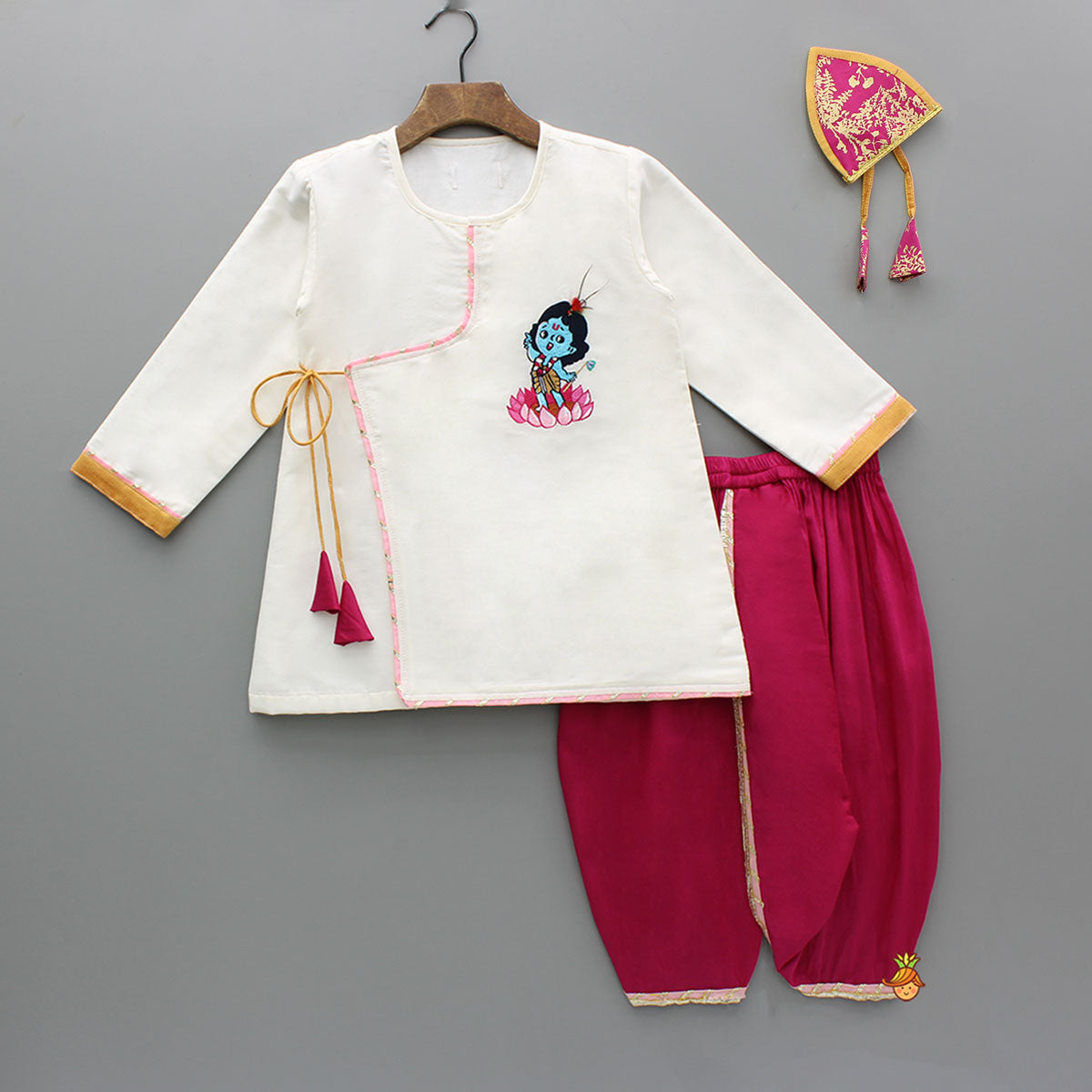 Pre Order: Embroidered Krishna Off White Angarkha Style Kurta With Lace Work Pink Dhoti And Mukut