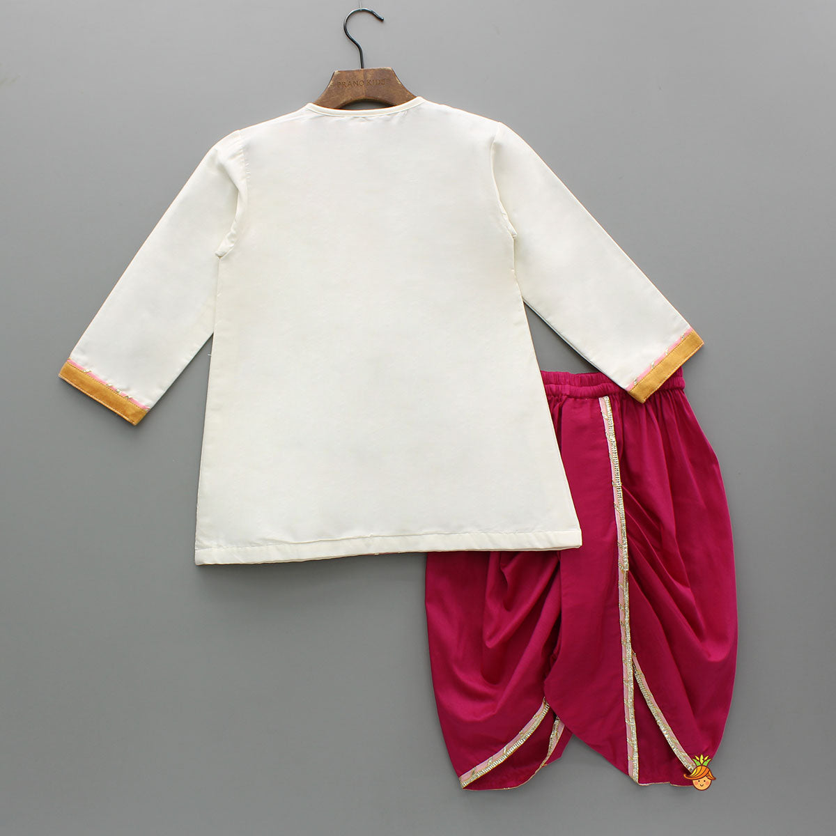 Pre Order: Embroidered Krishna Off White Angarkha Style Kurta With Lace Work Pink Dhoti And Mukut