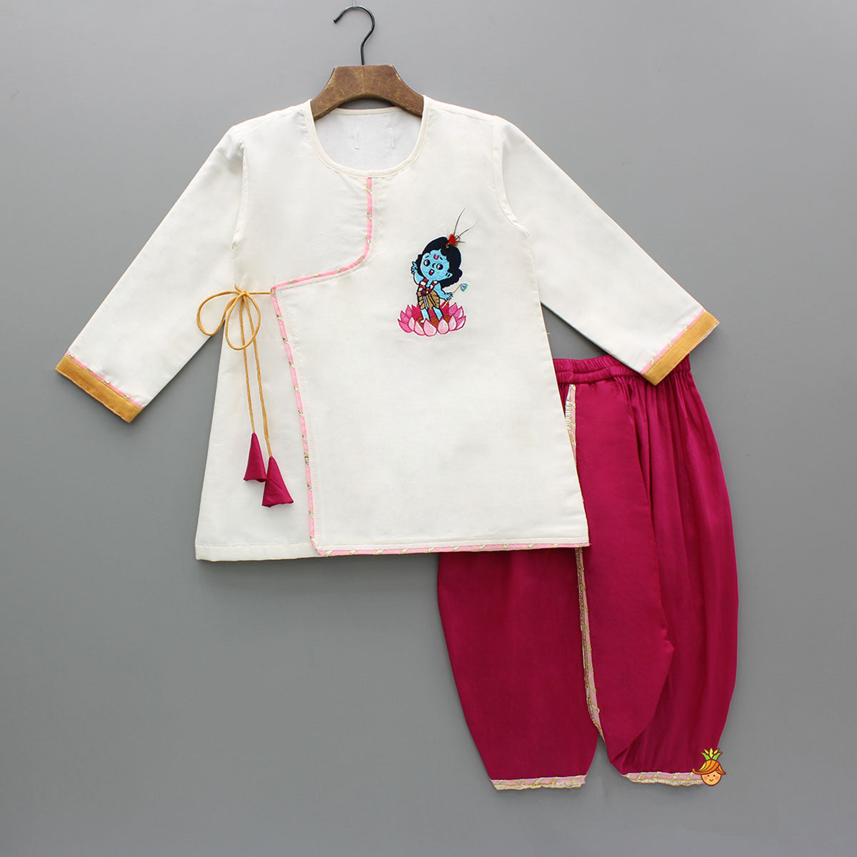Pre Order: Embroidered Krishna Off White Angarkha Style Kurta With Lace Work Pink Dhoti And Mukut