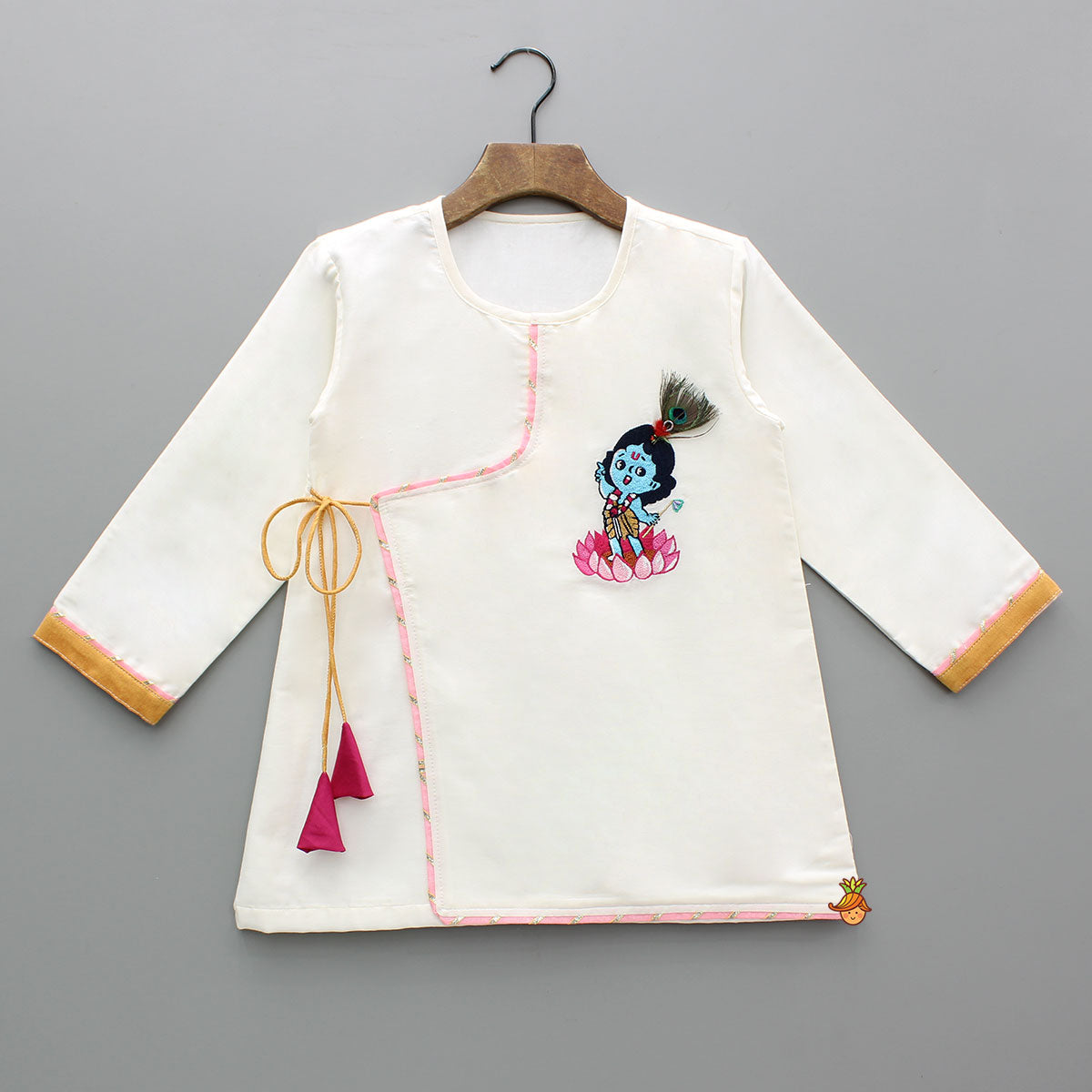 Pre Order: Embroidered Krishna Off White Angarkha Style Kurta With Lace Work Pink Dhoti And Mukut