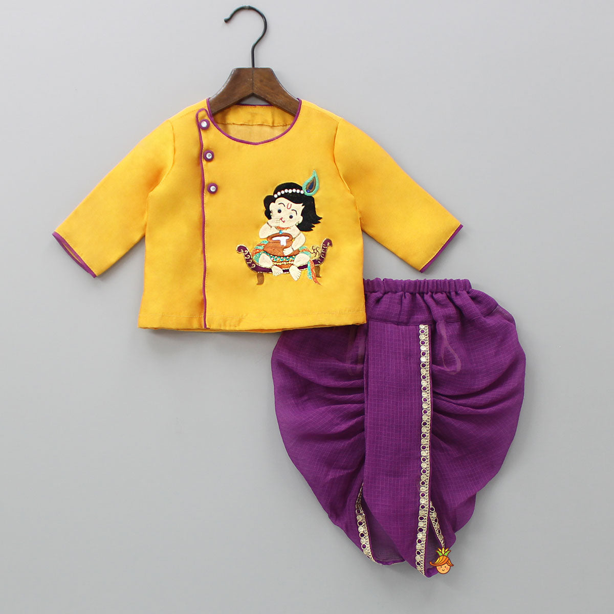 Pre Order: Hand-Embroidered Krishna Motif Angarkha Kurta With Purple Dhoti