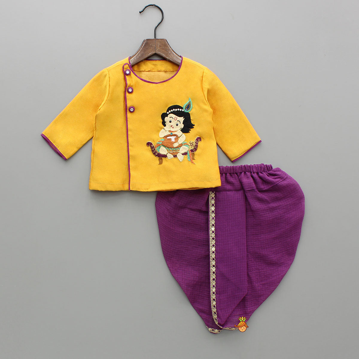 Pre Order: Hand-Embroidered Krishna Motif Angarkha Kurta With Purple Dhoti