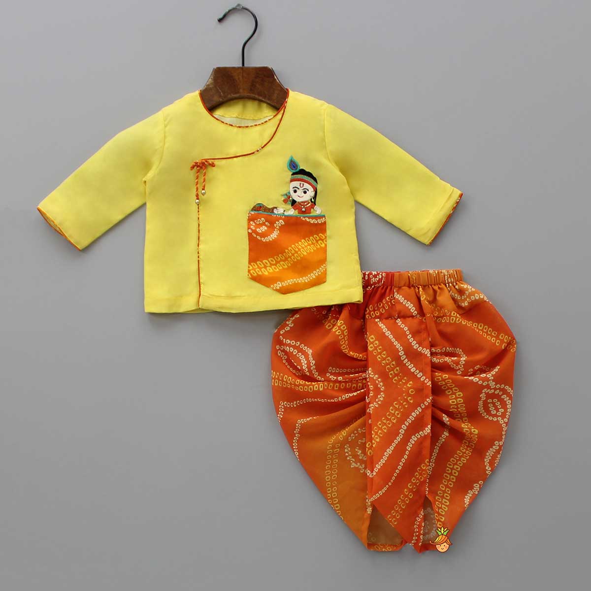Pre Order: Yellow Angarkha Styled Kurta And Bandhej Dhoti