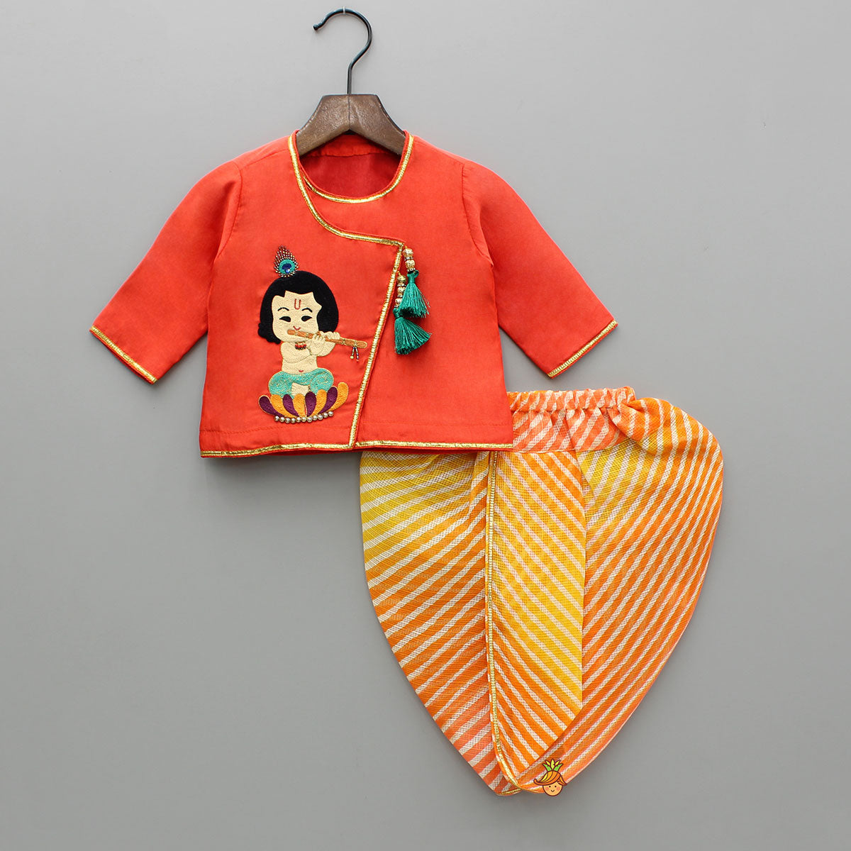 Pre Order: Red Angarkha With Hand Embroidery And Leheriya Print Chanderi Dhoti