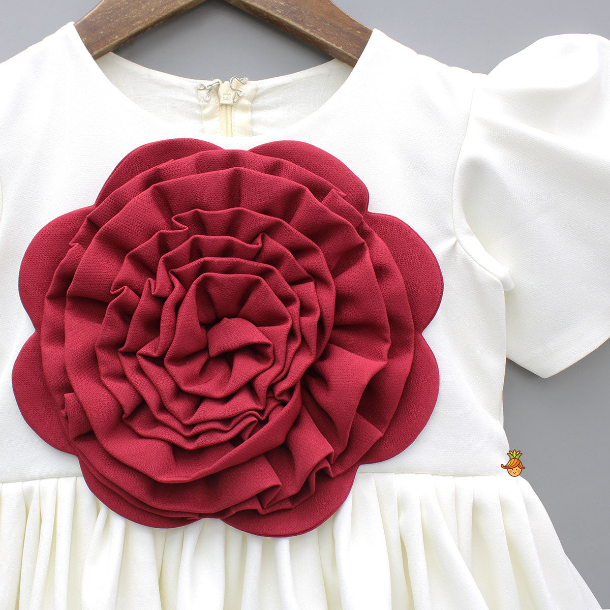 Pre Order: Red Flower Adorned Elegant Off White Puff Sleeve Dress