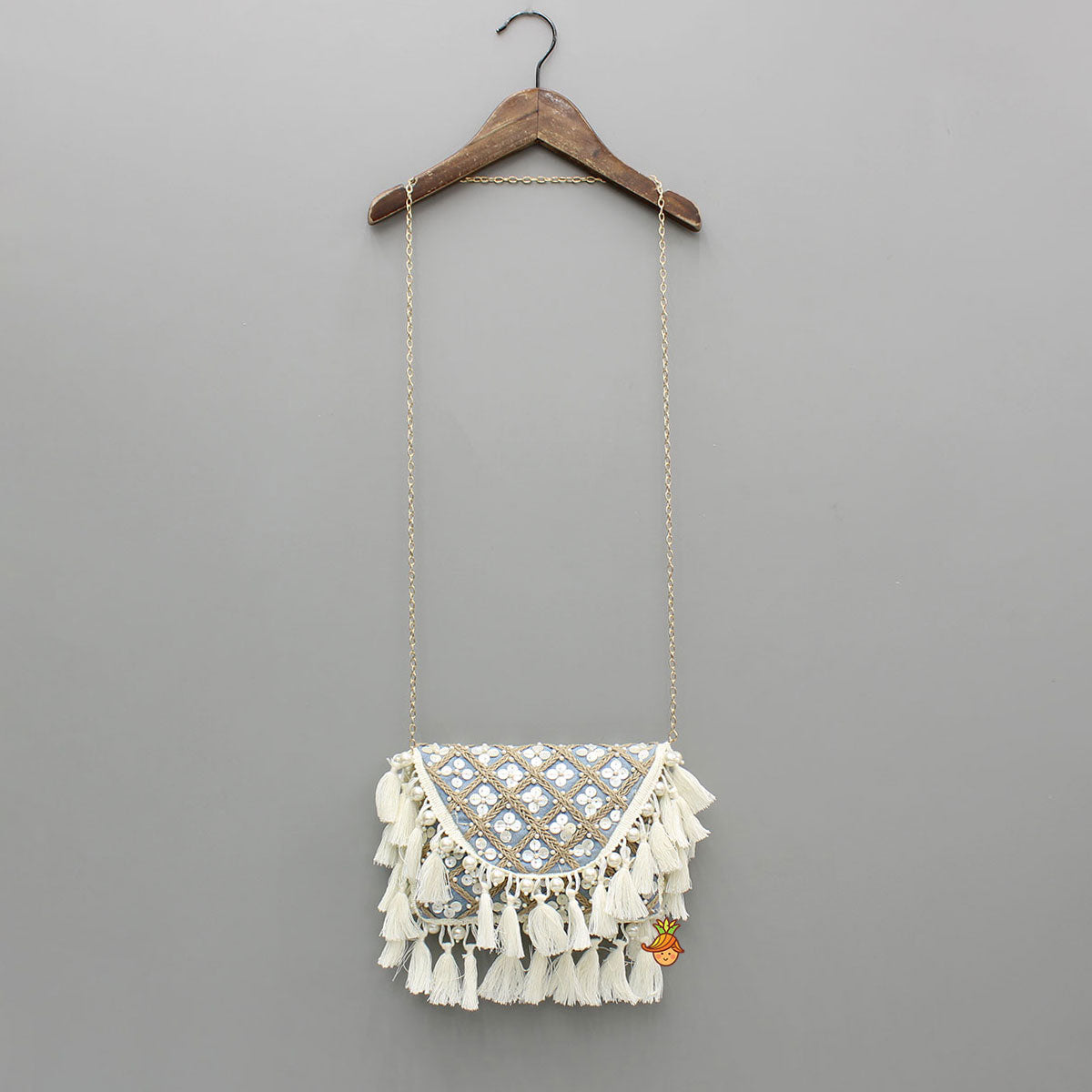 Blue Sling Bag With Checks Embroidery And Fringed Detailing