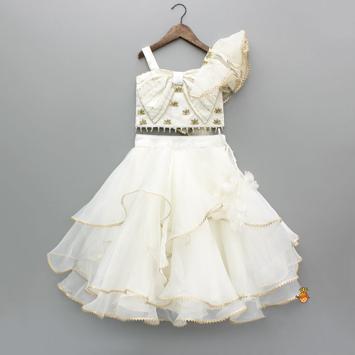 Pre Order: Cut Dana And Sequins Embroidered Off White Bowie Top With Layered Lehenga