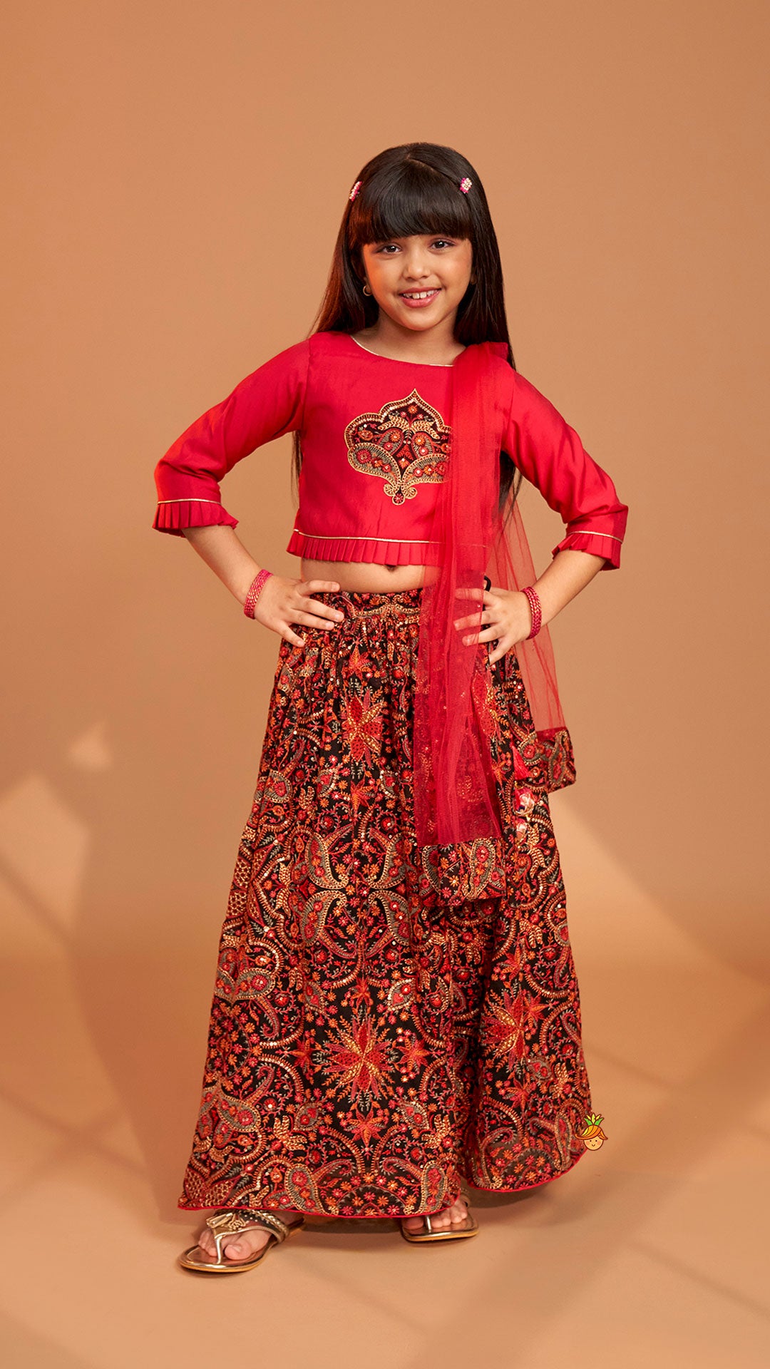 Beautiful Embroidered Pink Top With Floral Embroidered Lehenga And Dupatta