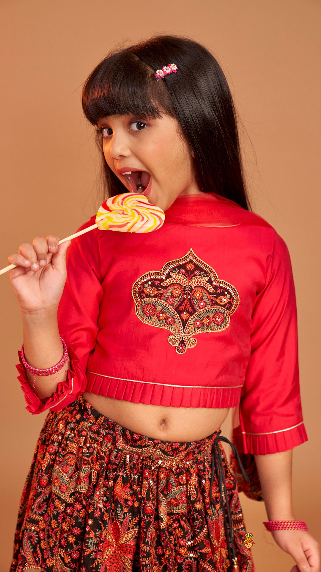 Beautiful Embroidered Pink Top With Floral Embroidered Lehenga And Dupatta