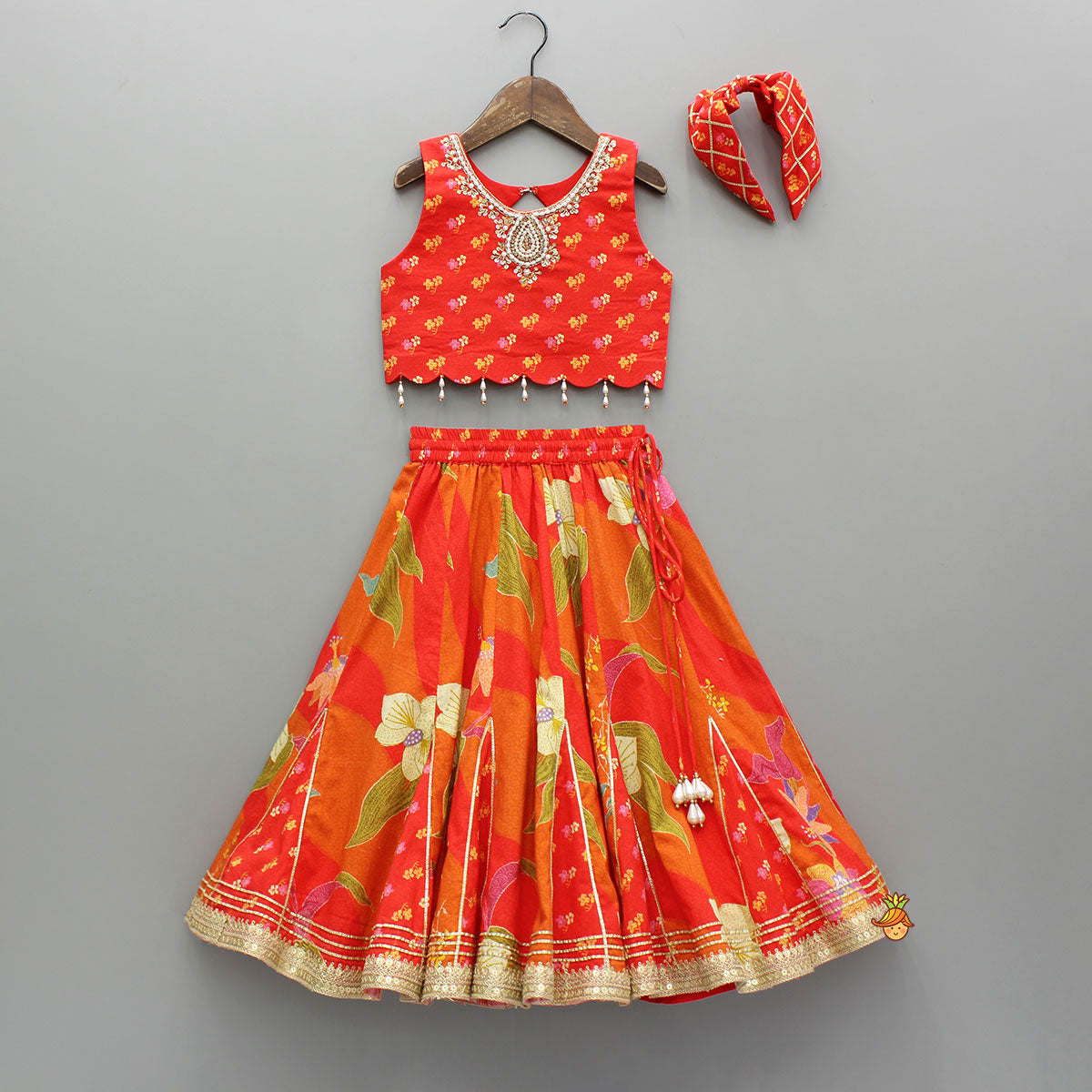 Pre Order: Red Sleeveless Embroidered Scalloped Top With Lehenga And Hairband