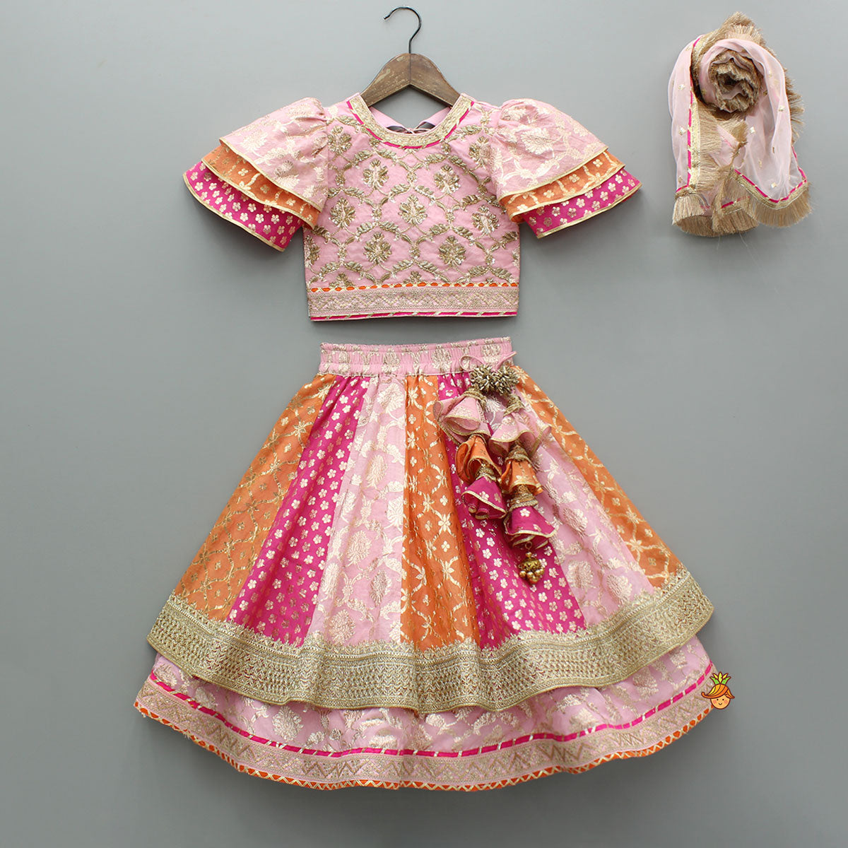 Pre Order: Chanderi Embroidered Top With Dual Layered Lehenga And Dupatta