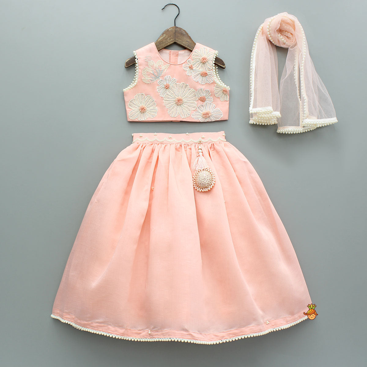 Pre Order: Peach Floral Embroidered Top With Silk Lehenga And Dupatta