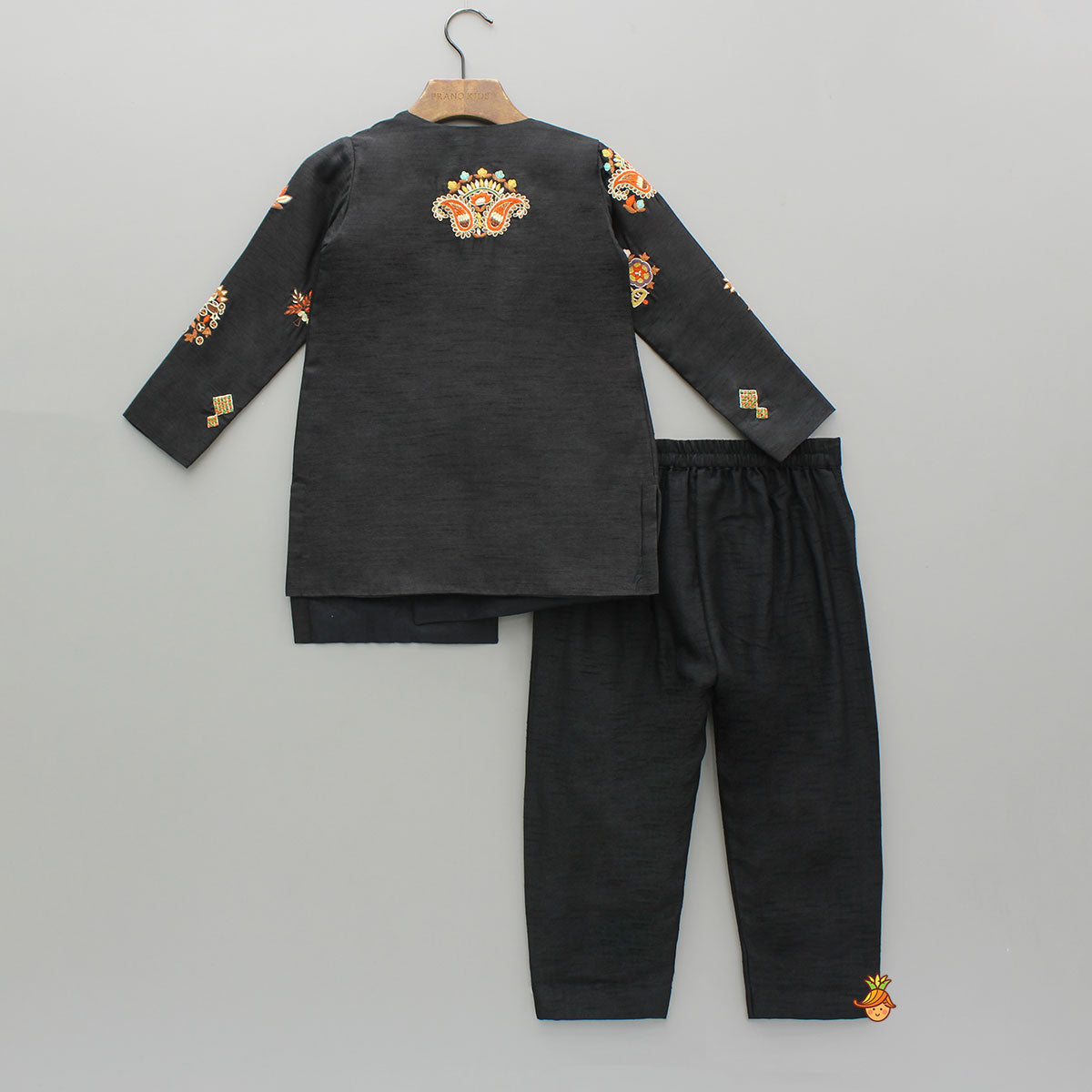 Pre Order: Black Asymmetric Floral Embroidered Kurta With Pyjama