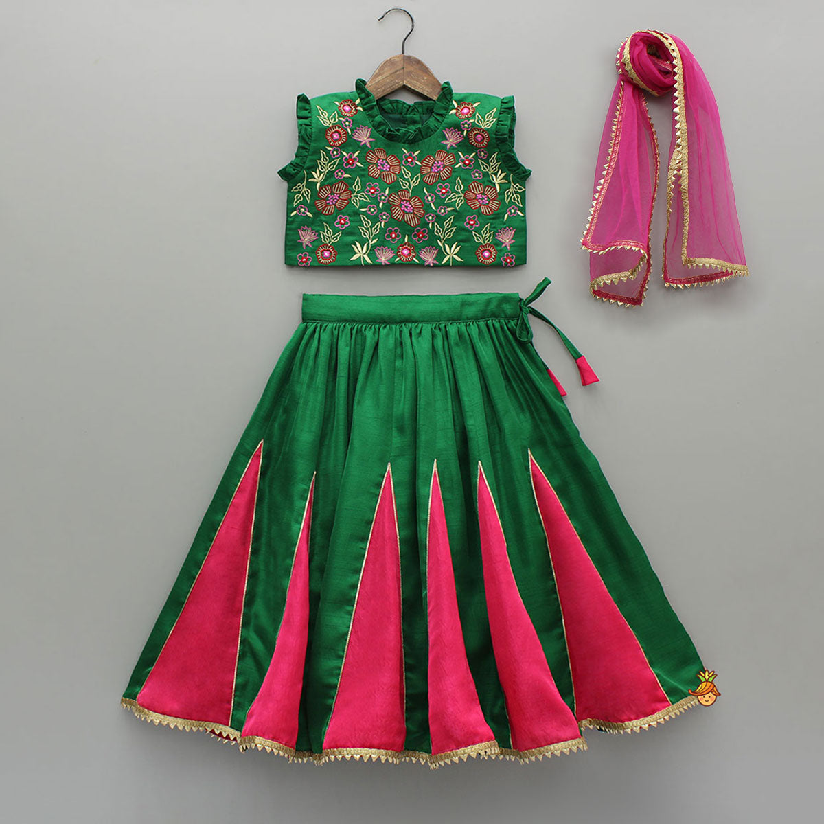Pre Order: Pink And Green Embroidered Ruffle Top With Lehenga And Dupatta