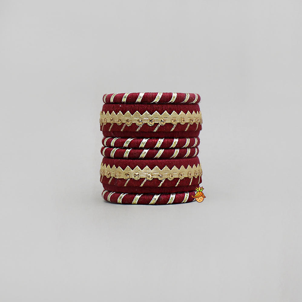 Gota Lace-Embellished Maroon Thread Bangles