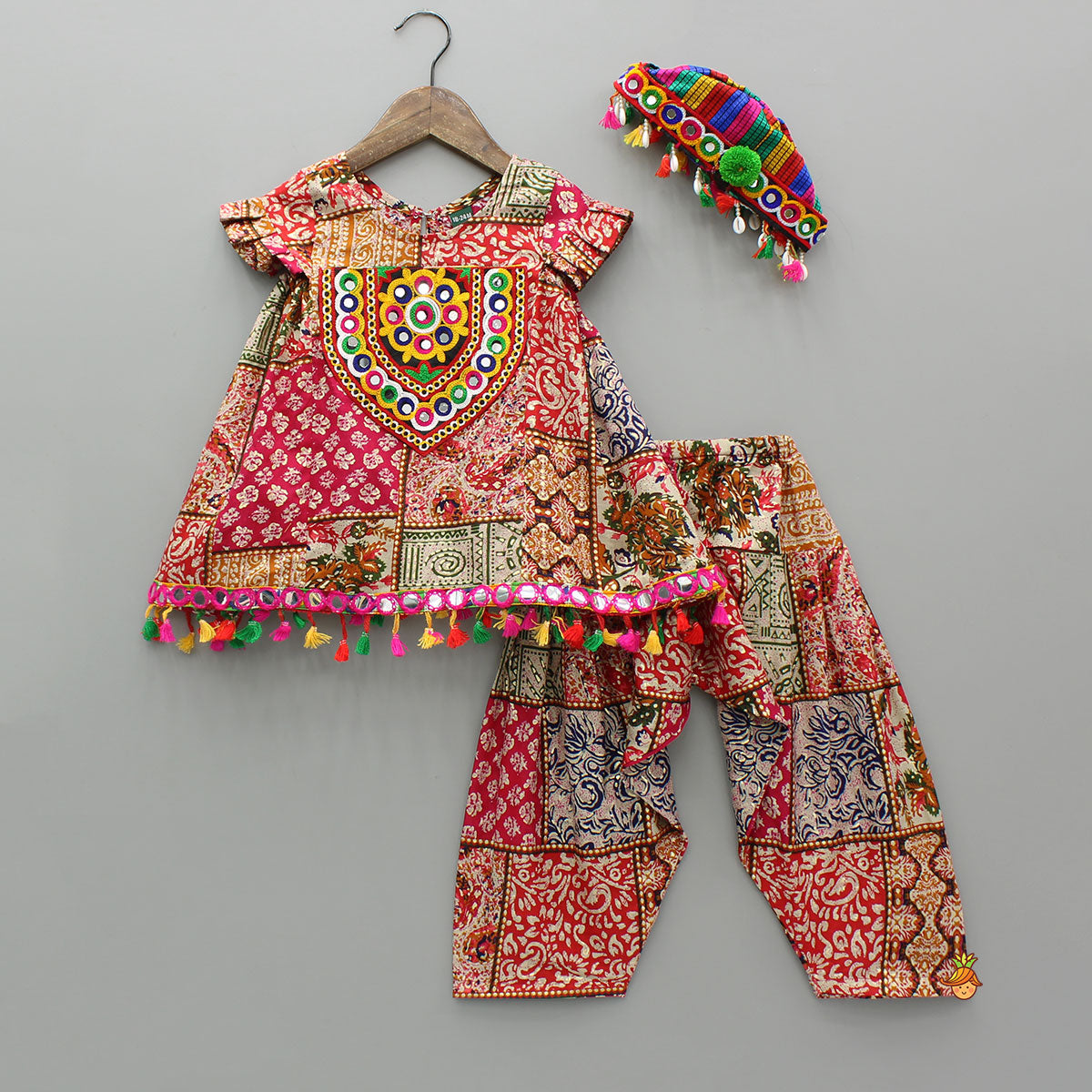 Patchwork Printed Top And Dhoti With Cap