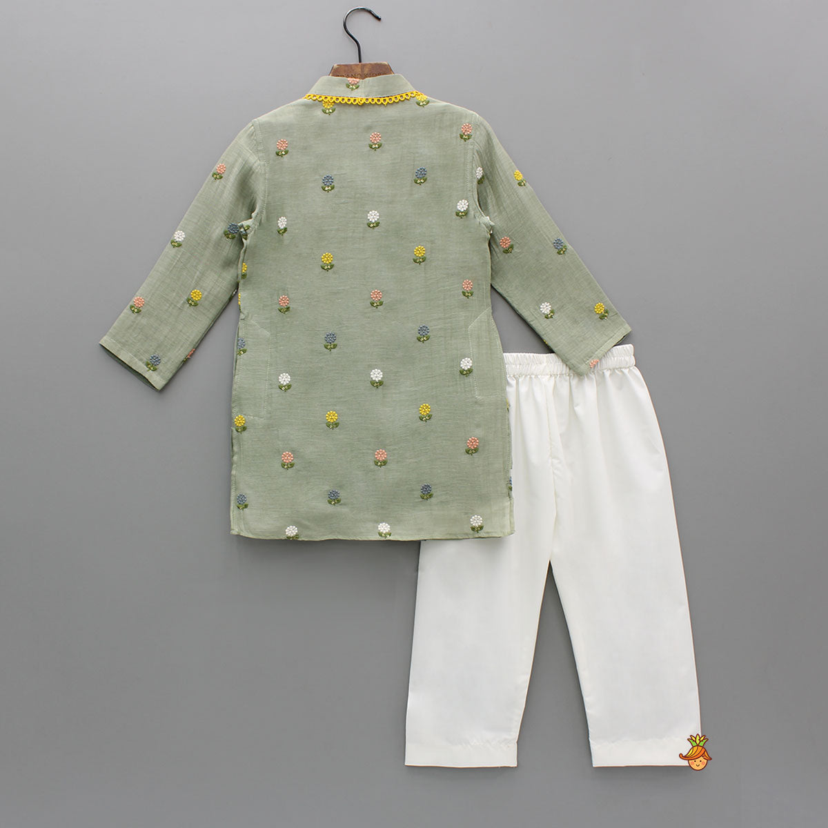 Pre Order: Green Multicolor Floral Embroidered Mul Chanderi Kurta With Pyjama