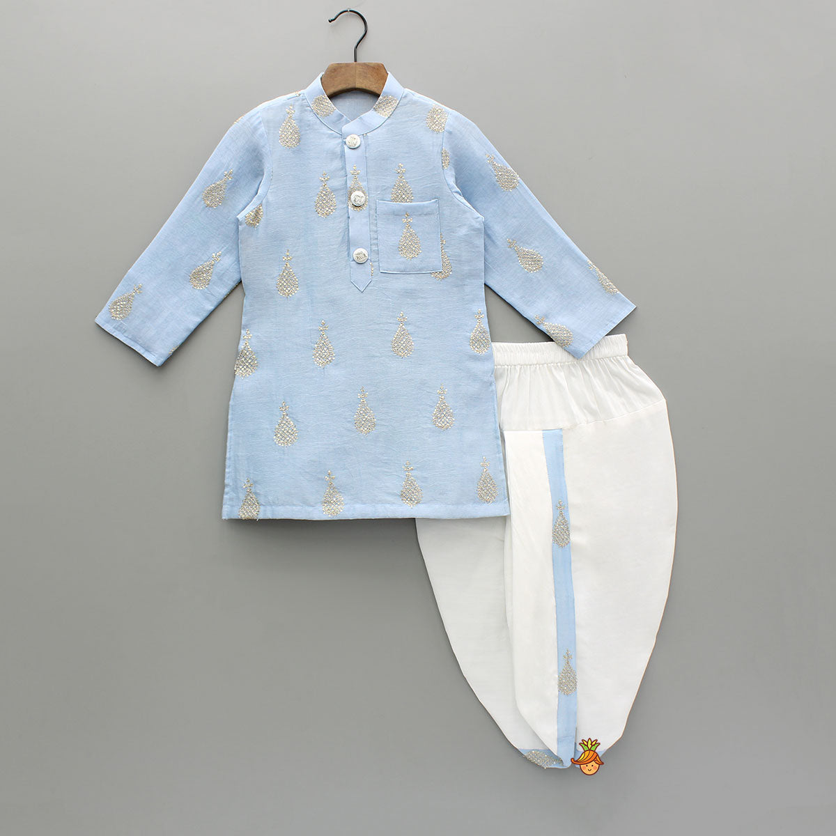 Pre Order: Blue Motif Embroidered Chanderi Kurta With Dhoti