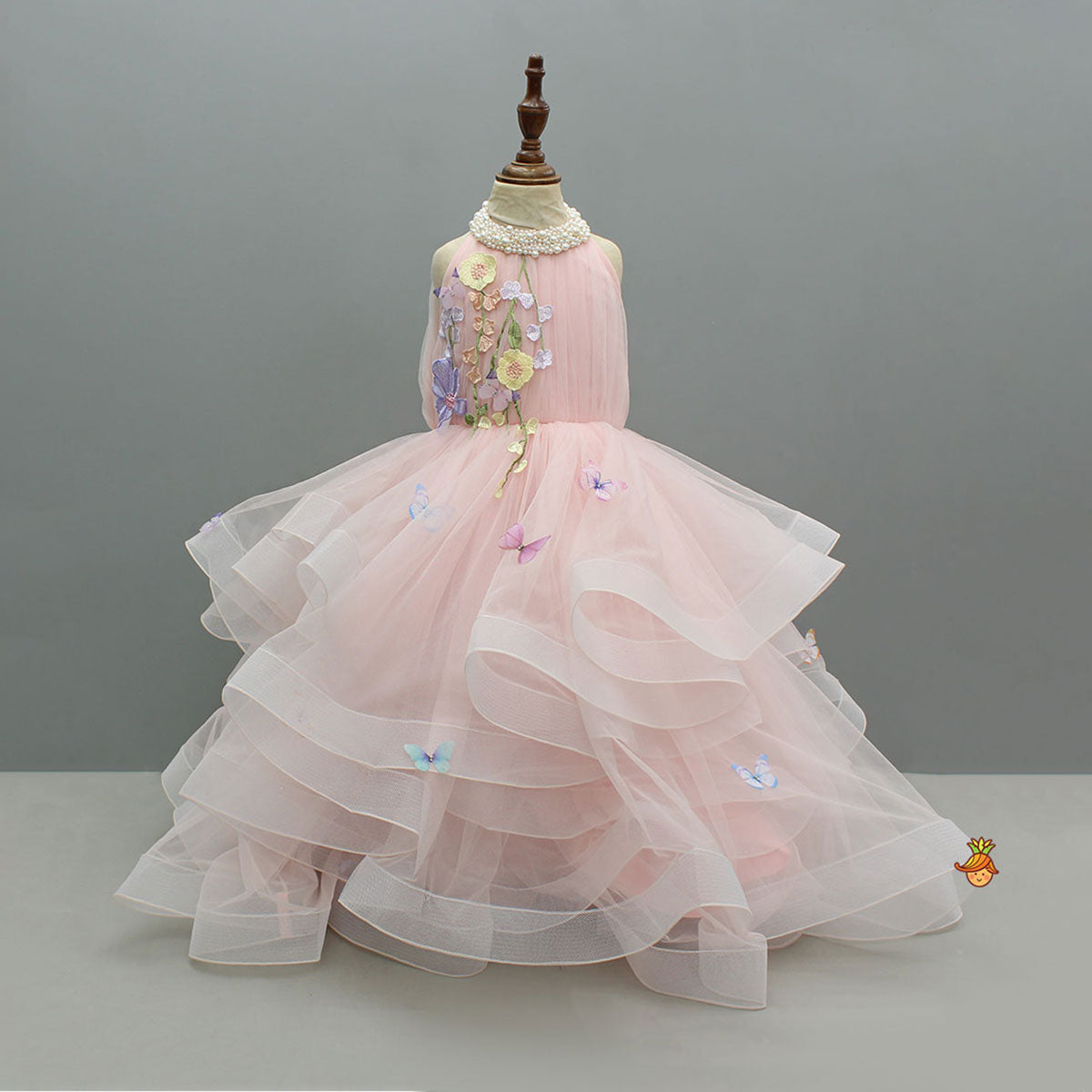 Pre Order: Pink Ruffled Butterfly Gown With Floral Embellishments