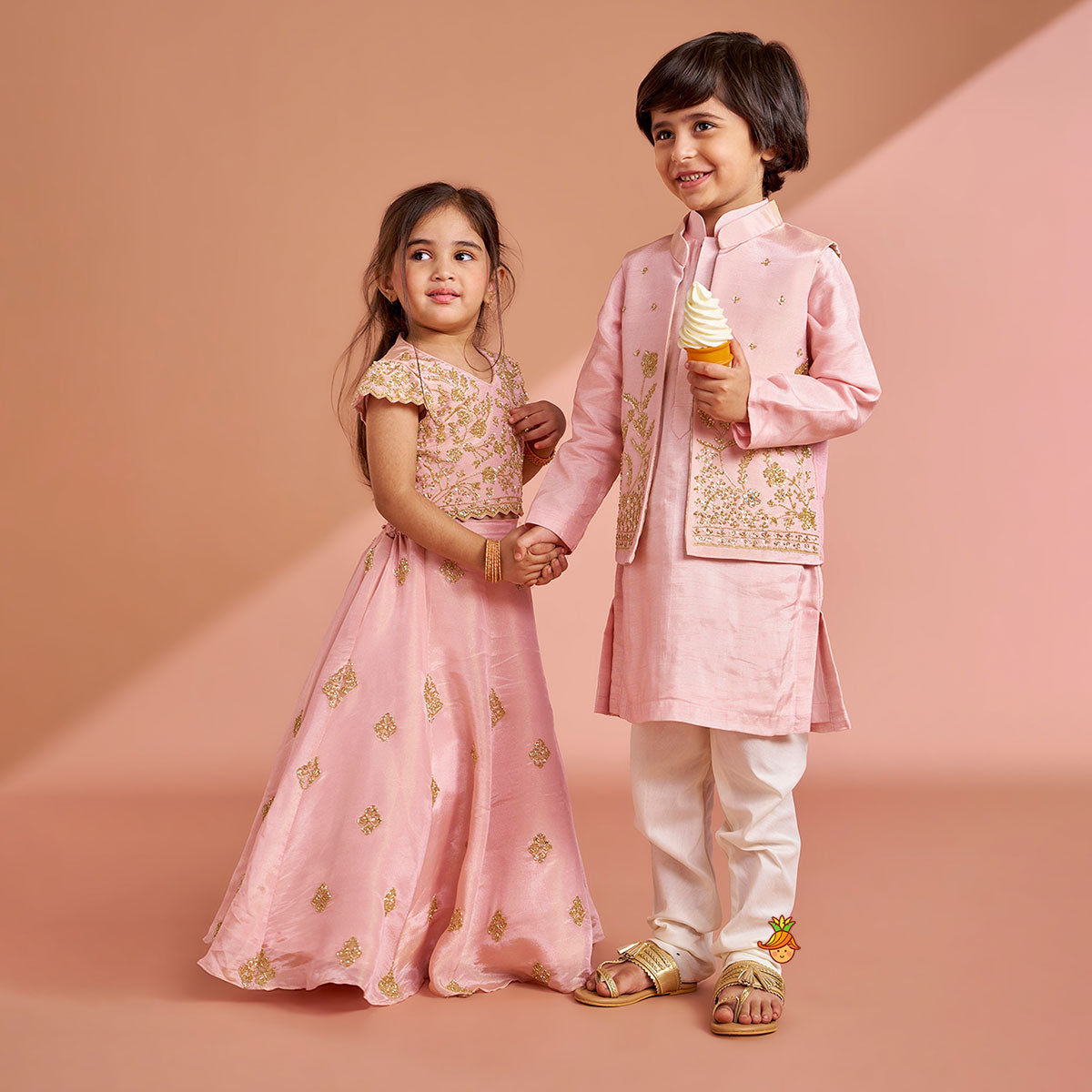 Pink Silk Kurta With Shimmery Pink Front Open Embroidered Jacket And Churidar twinning model image 1