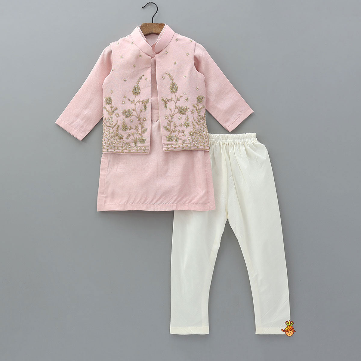 Pre Order: Silk Kurta With Shimmery Front Open Embroidered Jacket And Churidar