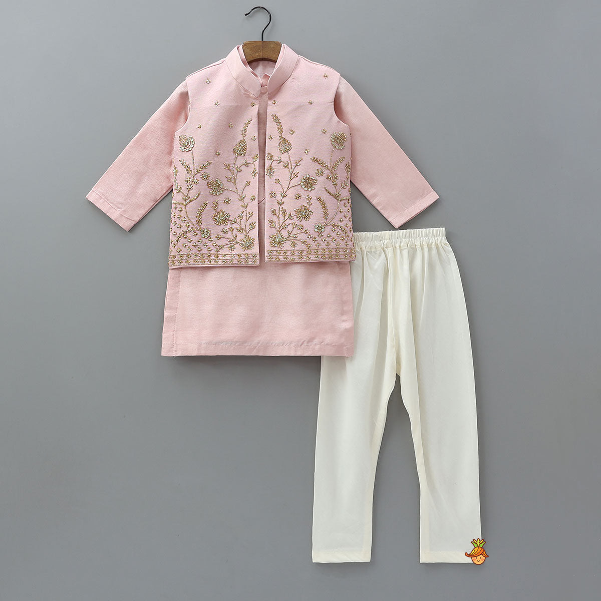 Pre Order: Silk Kurta With Shimmery Front Open Embroidered Jacket And Churidar
