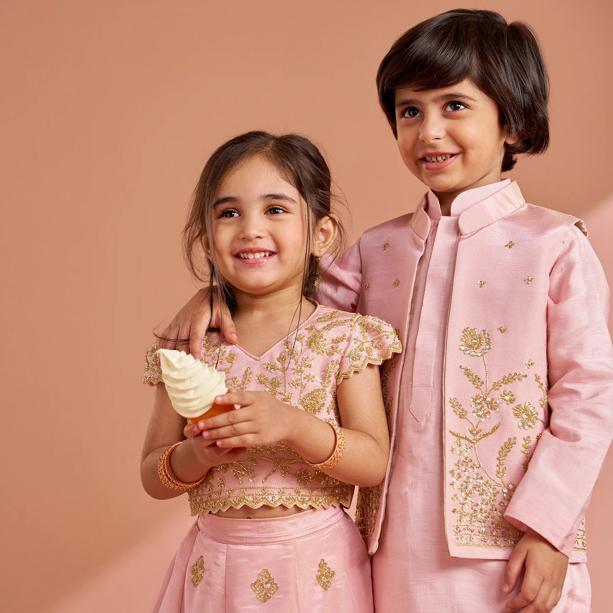 Pink Silk Kurta With Shimmery Pink Front Open Embroidered Jacket And Churidar twinning model image 3