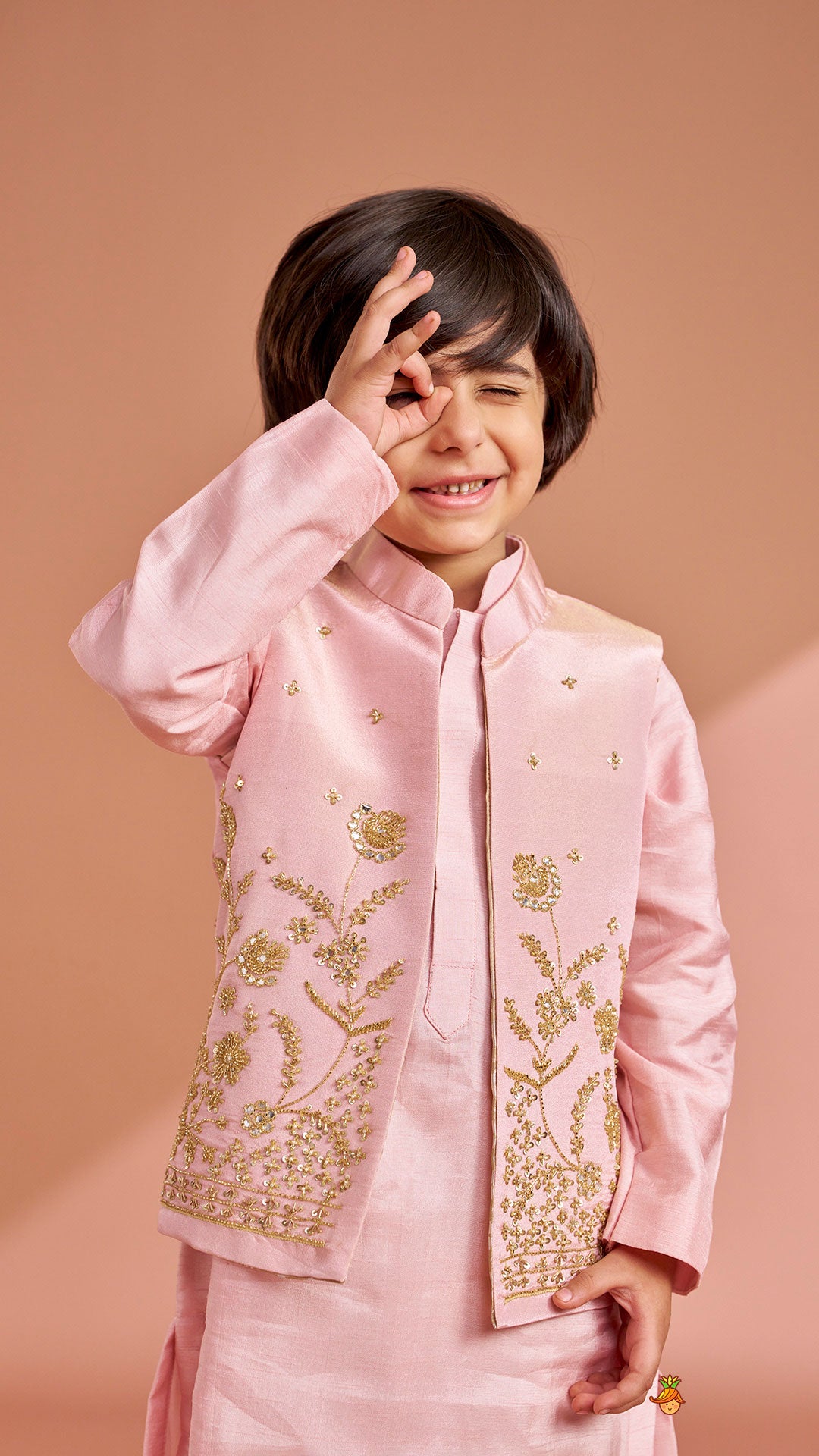 Pre Order: Pink Silk Kurta With Shimmery Pink Front Open Embroidered Jacket And Churidar