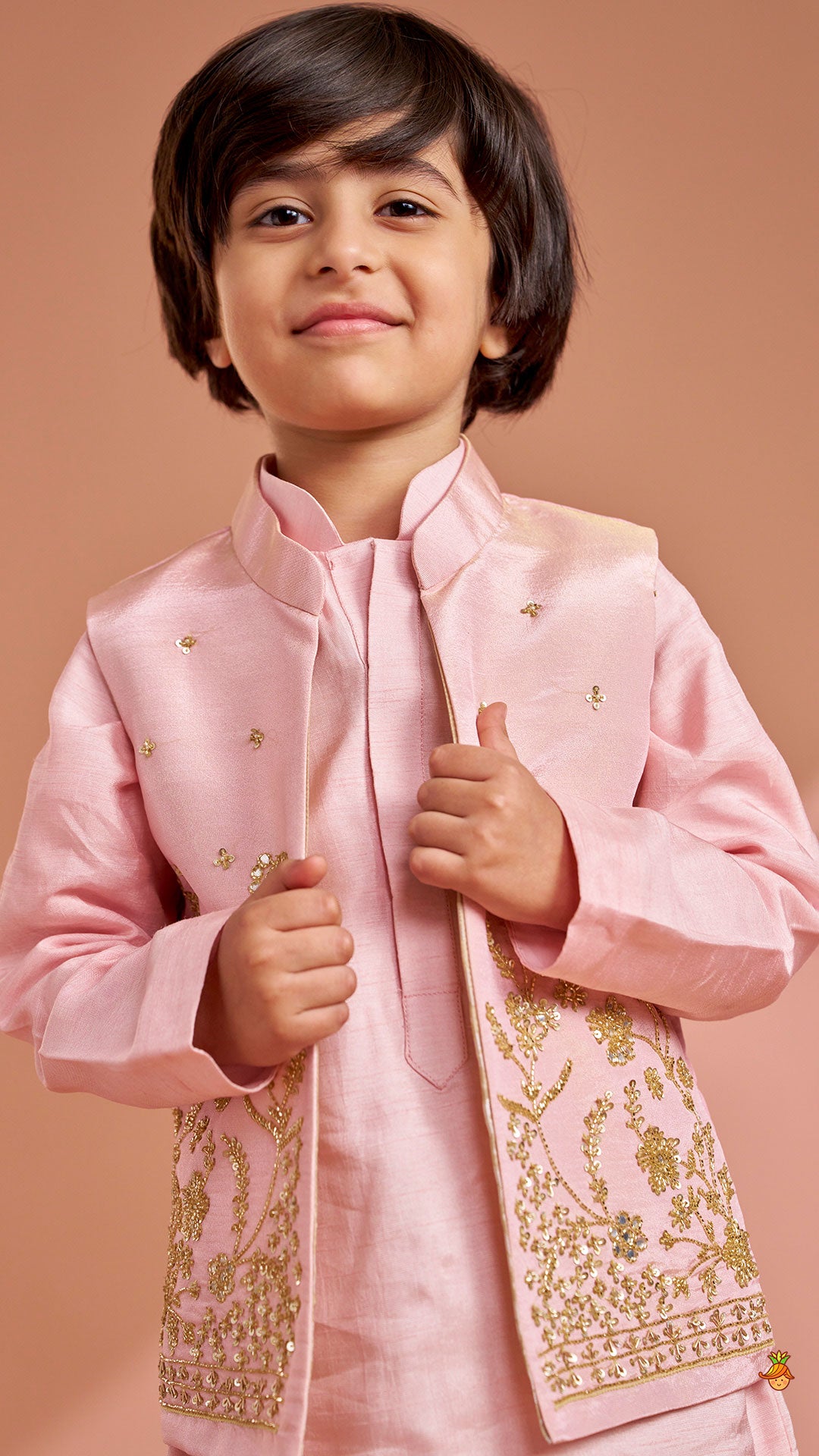 Pre Order: Pink Silk Kurta With Shimmery Pink Front Open Embroidered Jacket And Churidar