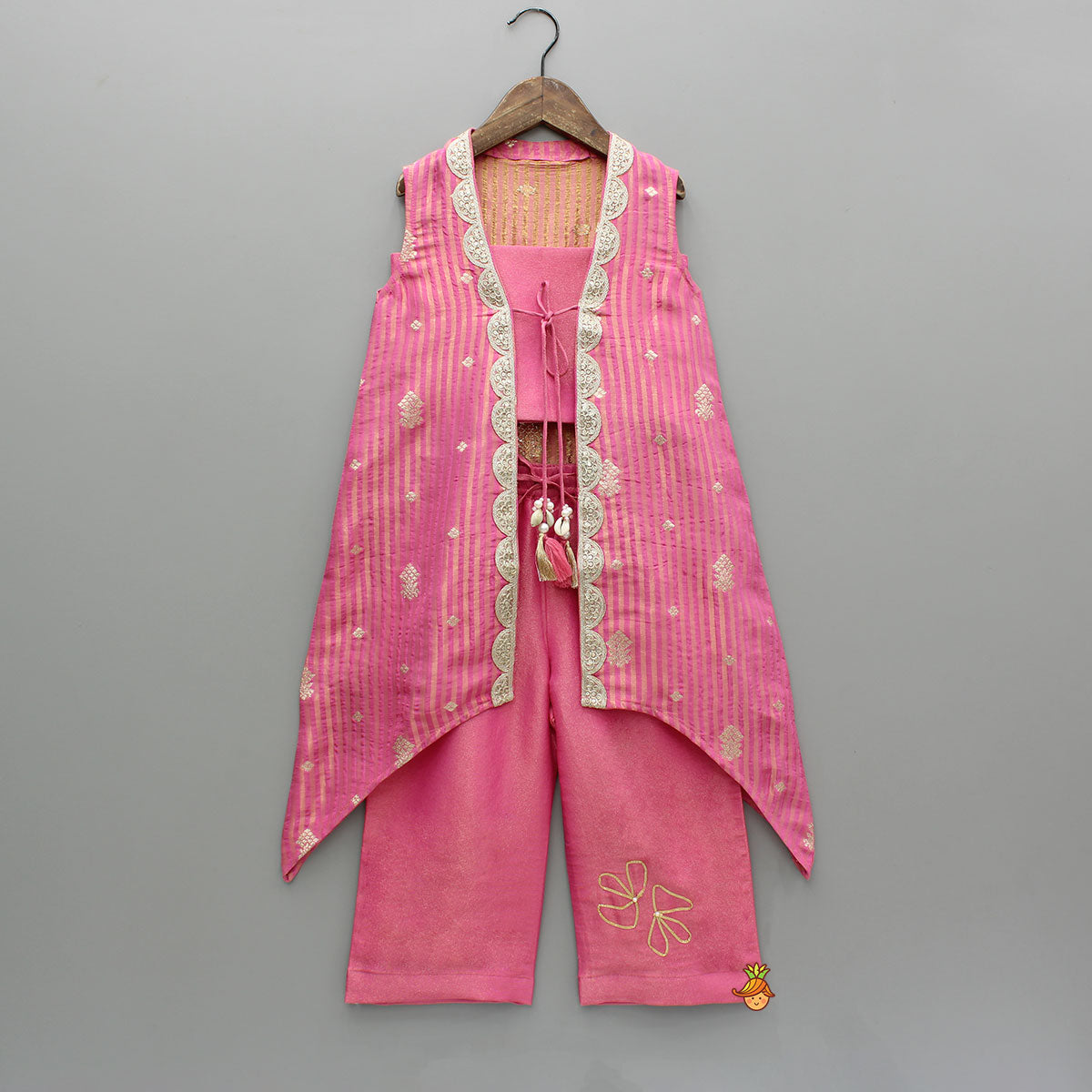 Pre Order: Shimmery Pink Strappy Top With Sleeveless Shimmery Tie-Up Jacket And Pants