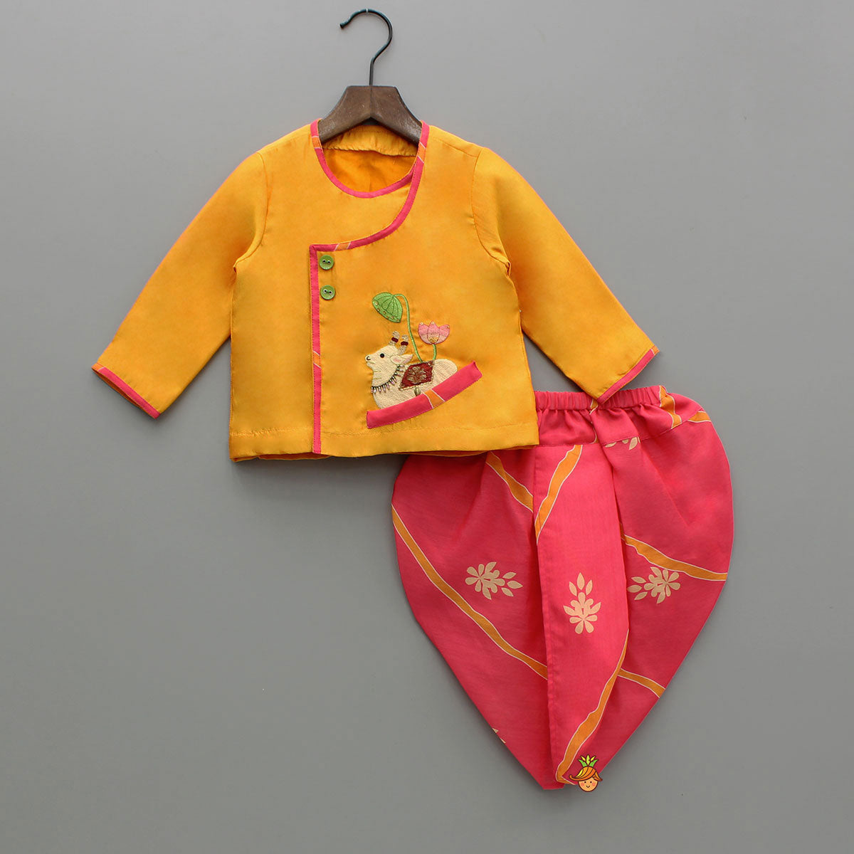 Pre Order: Front-Open Orange Kurta With Printed Pink Dhoti
