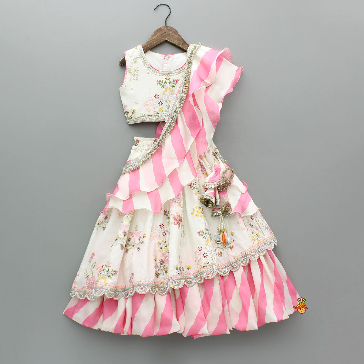 Pre Order: Beautiful Floral Embroidered Top With Flared Lehenga And Ruffled Dupatta