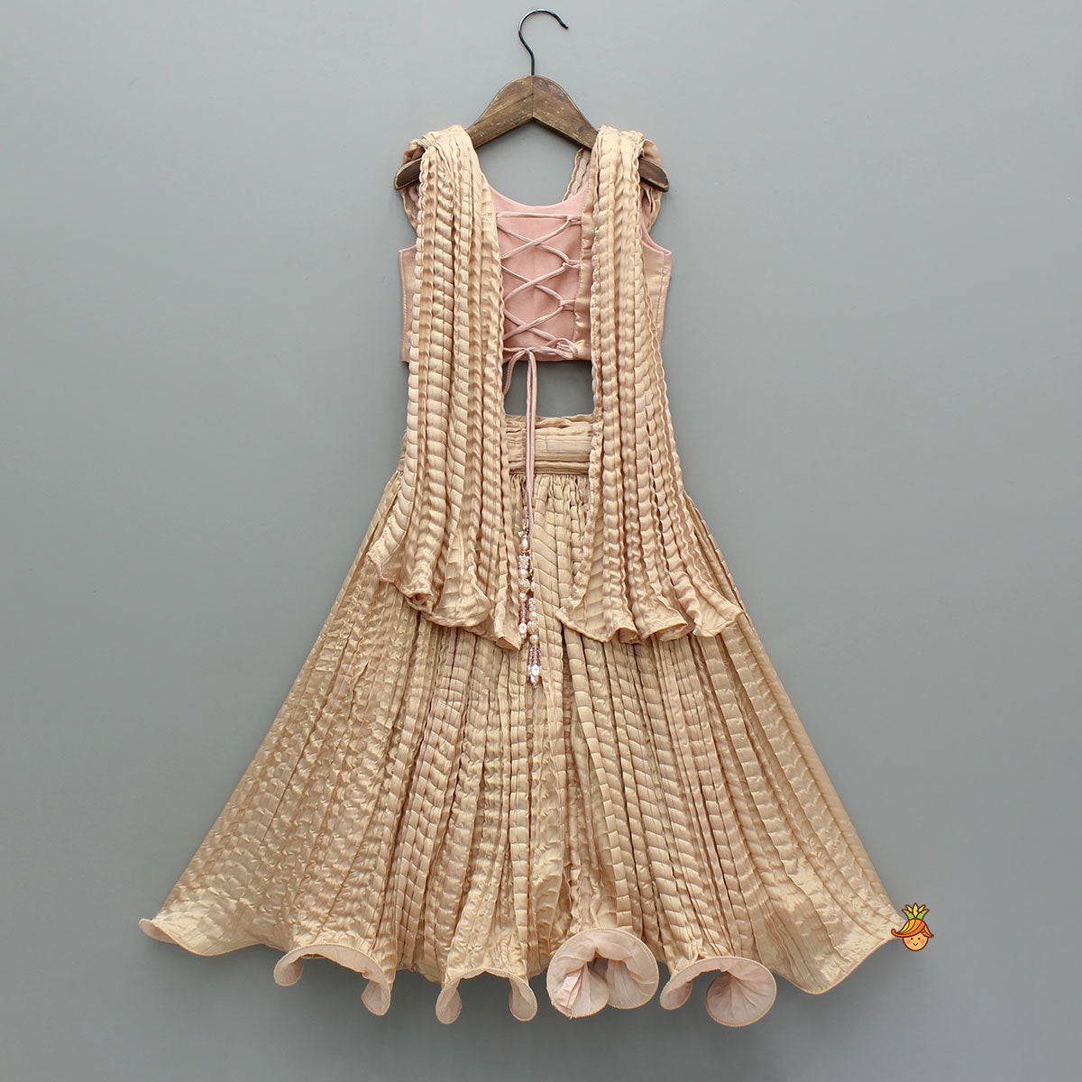 Pre Order: Gorgeous Shimmery Pink Draped Top With Shimmery Lehenga