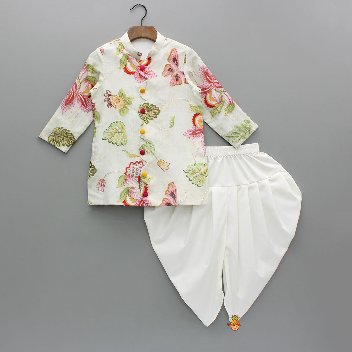 Pre Order: Ivory Floral Embroidered Organza Kurta With Dhoti