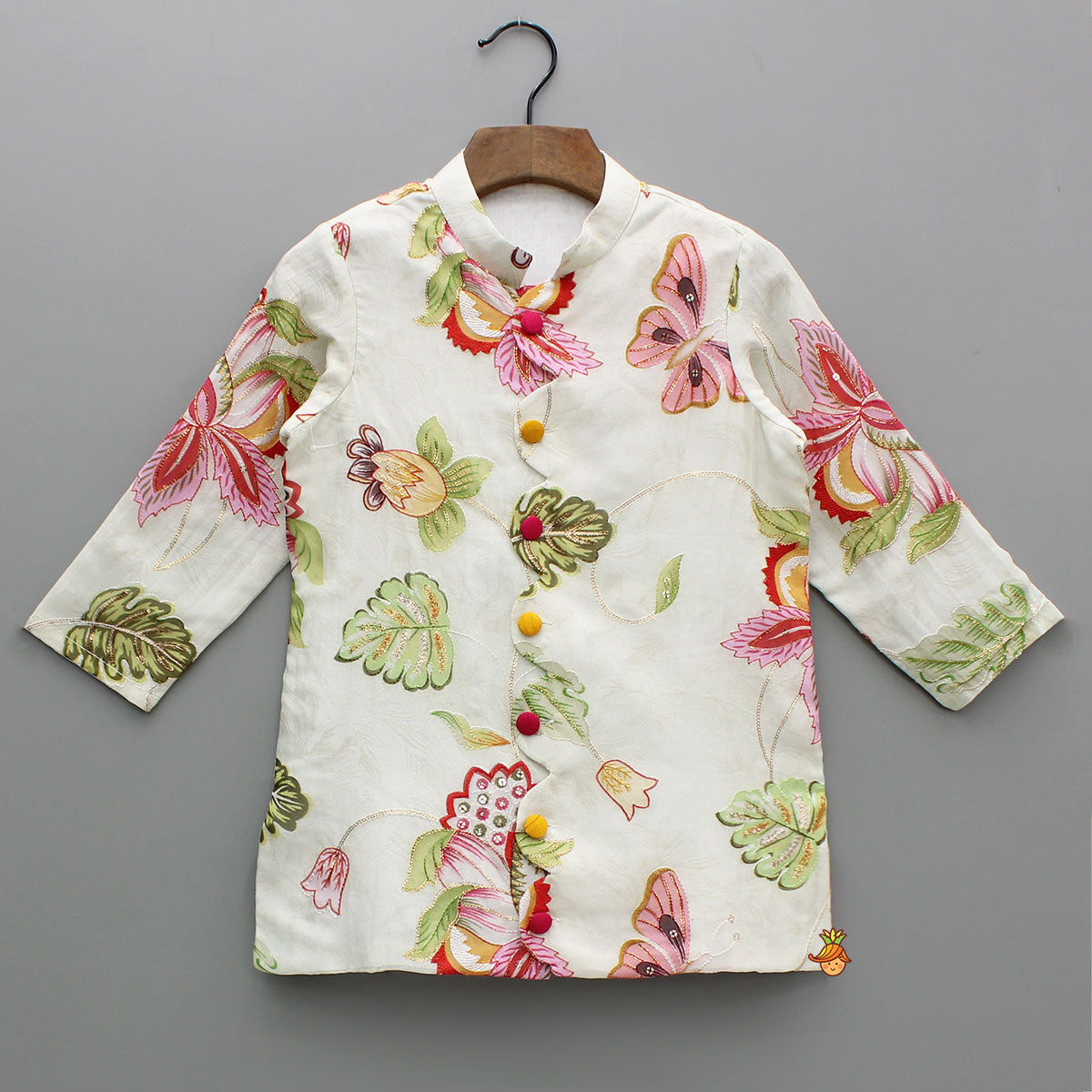 Pre Order: Ivory Floral Embroidered Organza Kurta With Dhoti