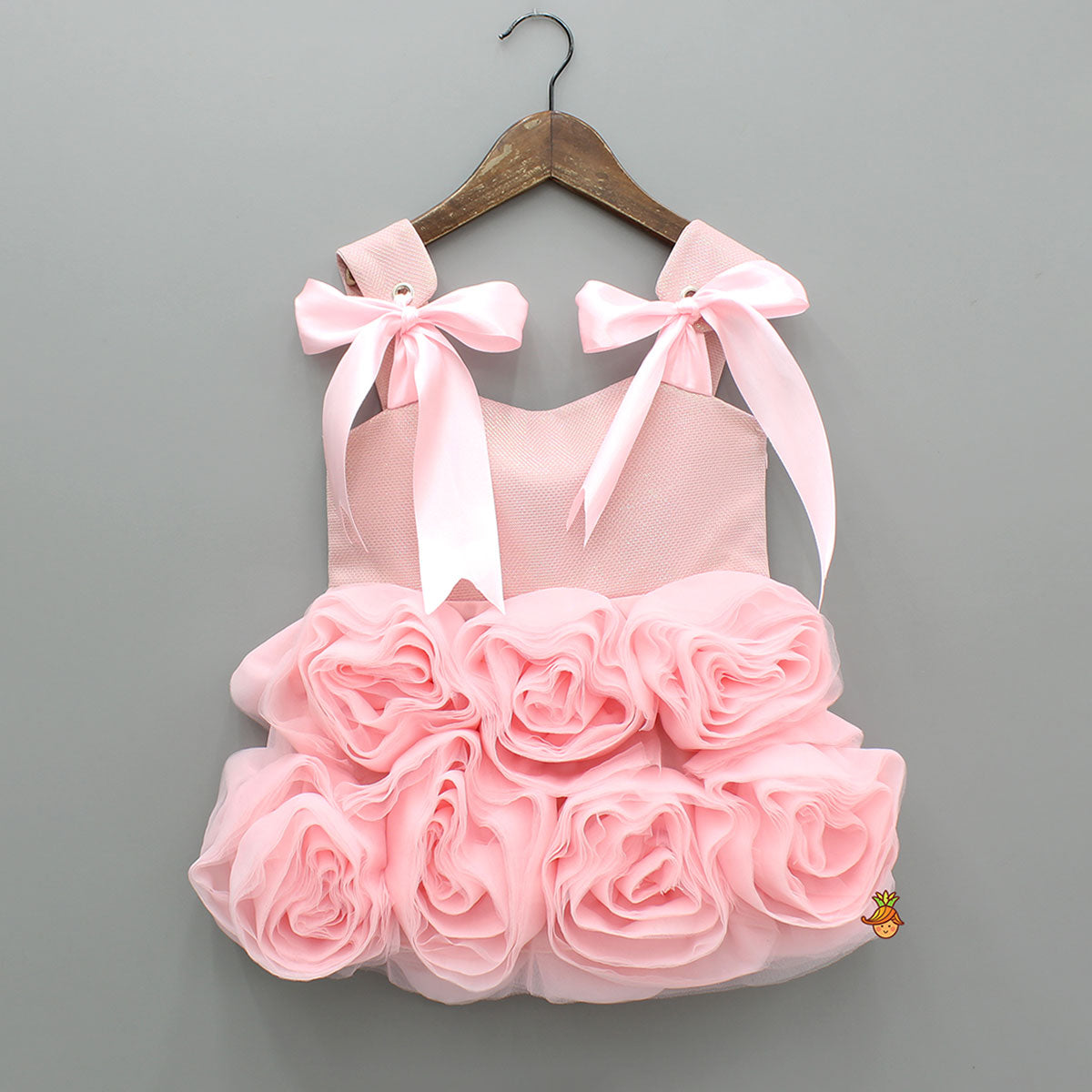 Pre Order: Flower Enhanced Shimmery Pink Ribbon Adorned Dress
