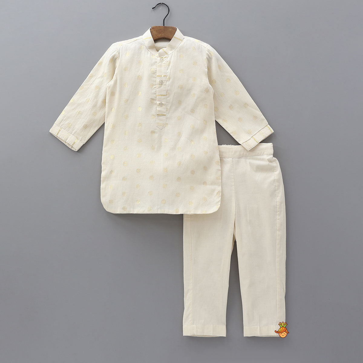 Pre Order: Off White Embroidered Cotton Kurta With Shimmery Pocket Square Jacket And Pyjama