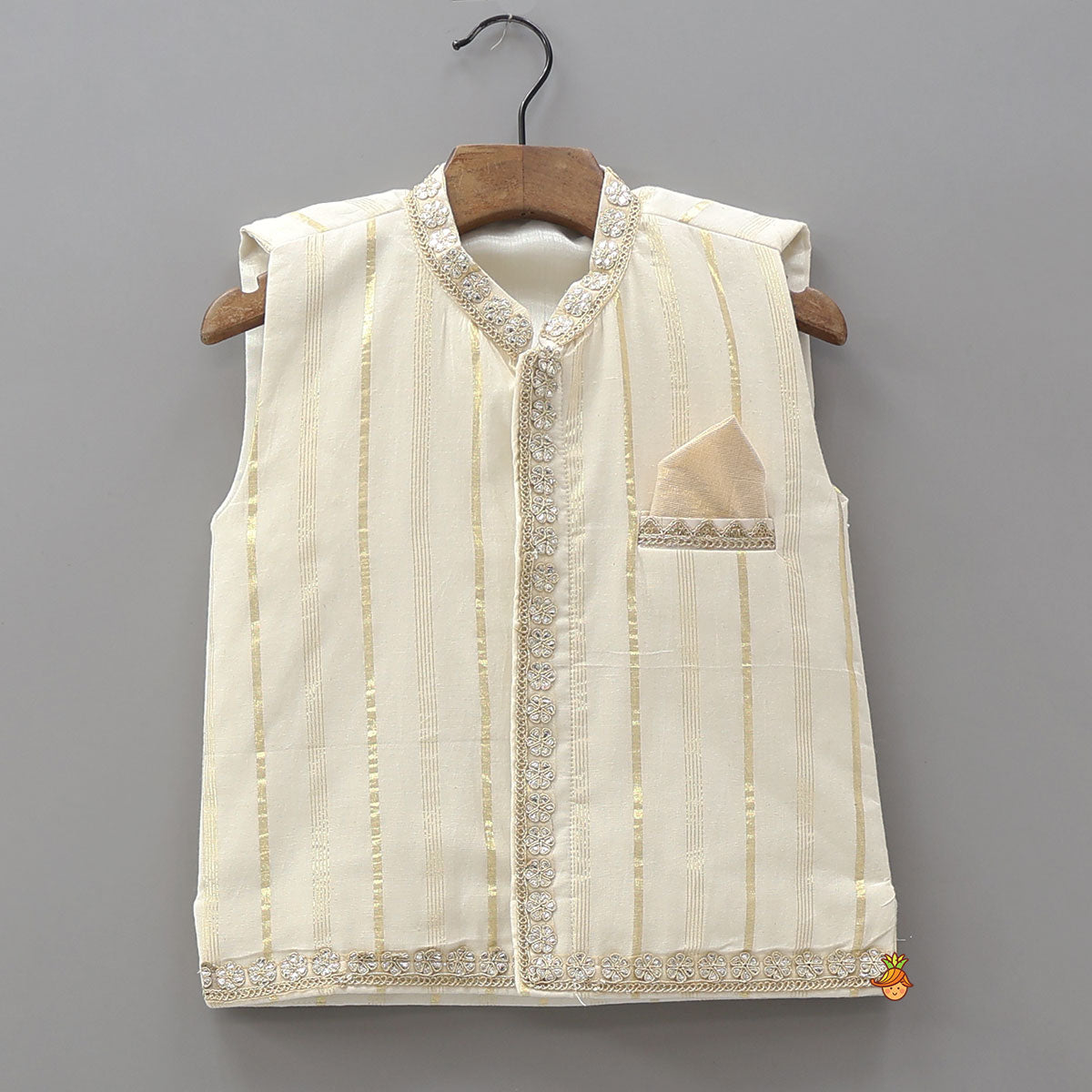 Pre Order: Off White Embroidered Cotton Kurta With Shimmery Pocket Square Jacket And Pyjama