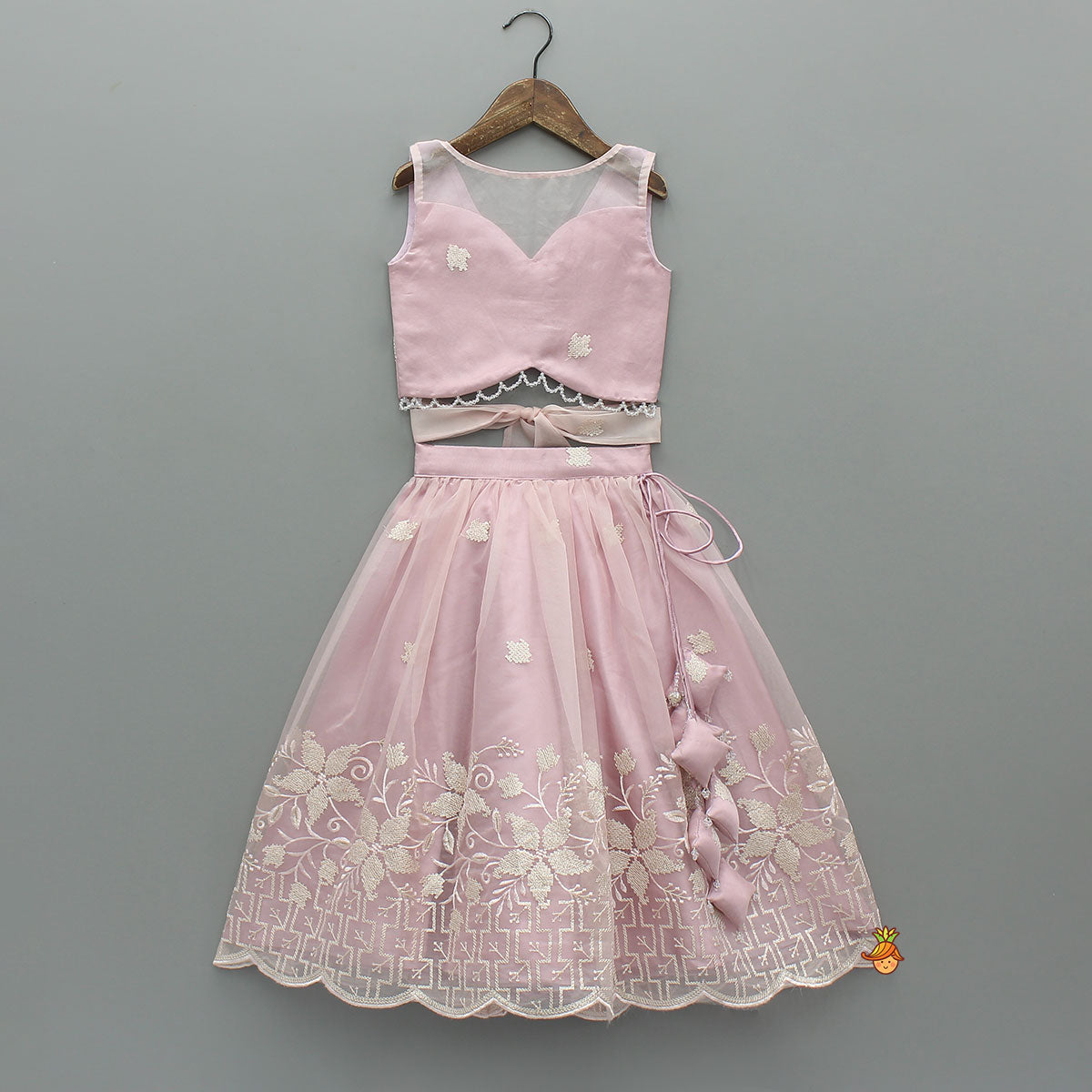 Pre Order: Pink Organza Crop Top With Lehenga