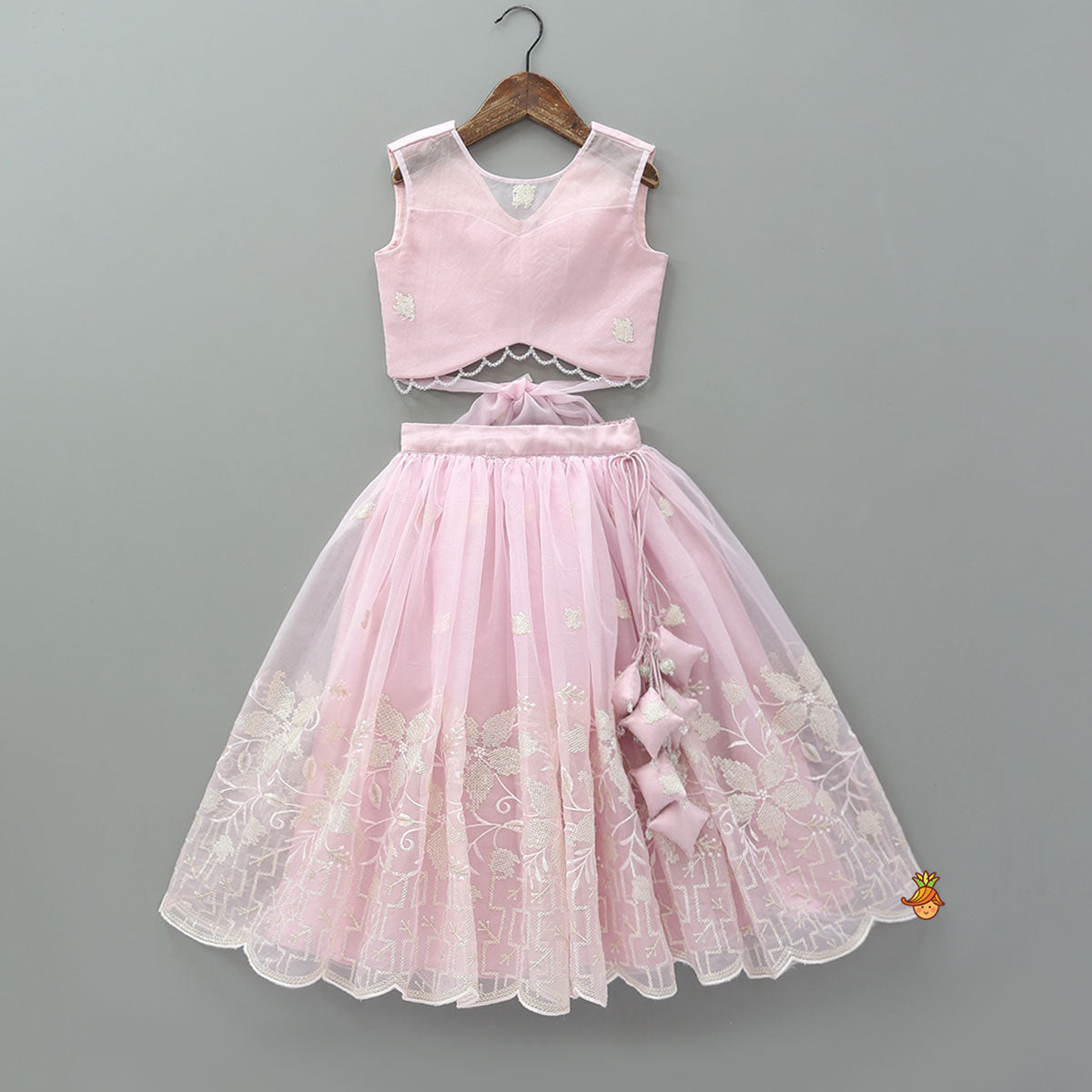 Pre Order: Pink Organza Crop Top With Lehenga