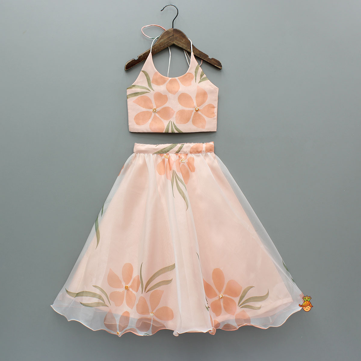 Pre Order: Peach Organza Floral Printed Halter Neck Top With Lehenga
